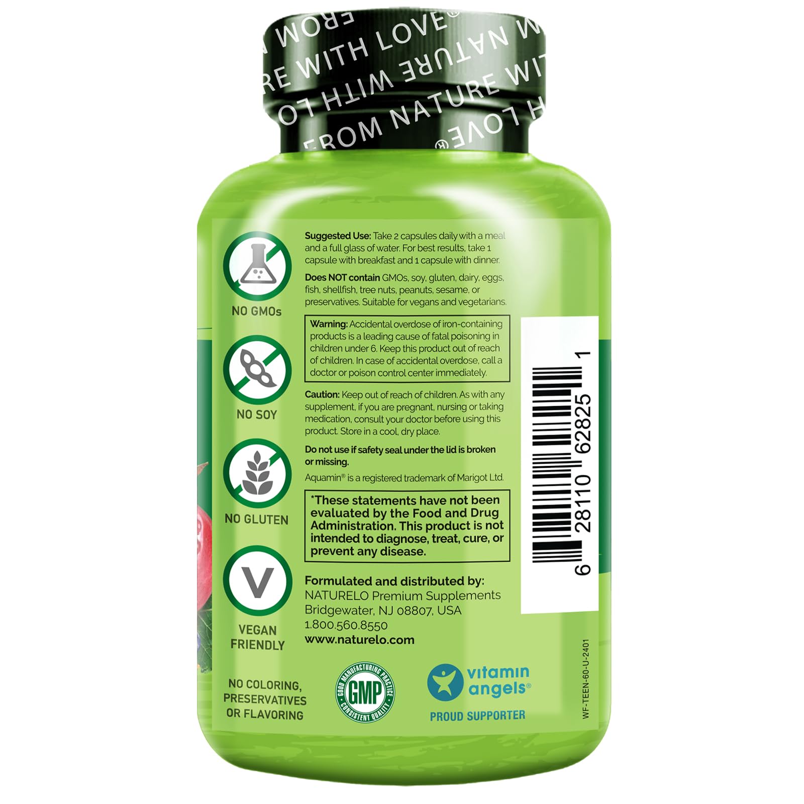 NATURELO Whole Food Multivitamin for Teens - Vitamins and Minerals for Teenage Boys and Girls - Supplement for Active Kids - with Organic Whole Foods - Non-GMO - Vegan & Vegetarian - 60 Capsules