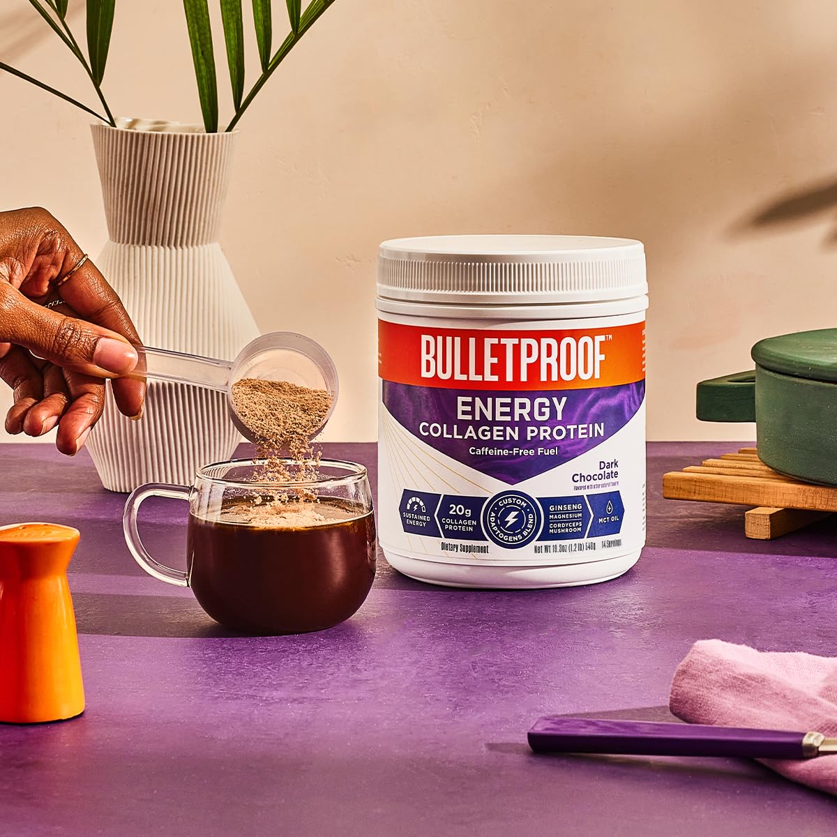 Bulletproof Dark Chocolate Energy Collagen Protein, 19.3 Ounces, Caffeine-Free Fuel with Vitamins and Antioxidants, Blend with Ginseng, Magnesium, Cordyceps Mushroom