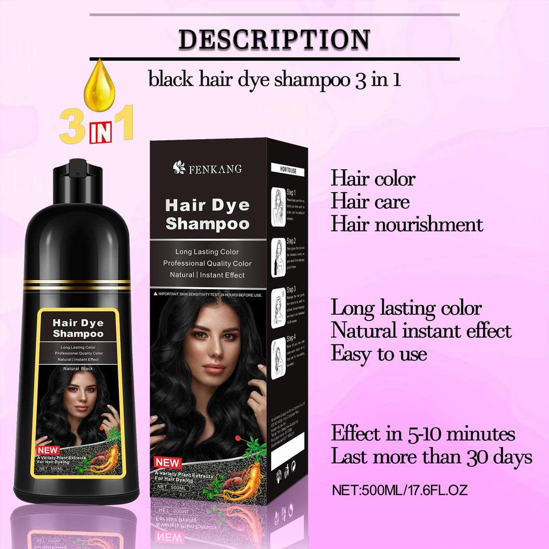 CSFDXD Instant 3-in-1 Black Hair Dye Shampoo for Gray Hair Coverage, Herbal Formula for Men & Women - Colors in 10-15 Minutes, 500ml (Ammonia & Paraben Free)