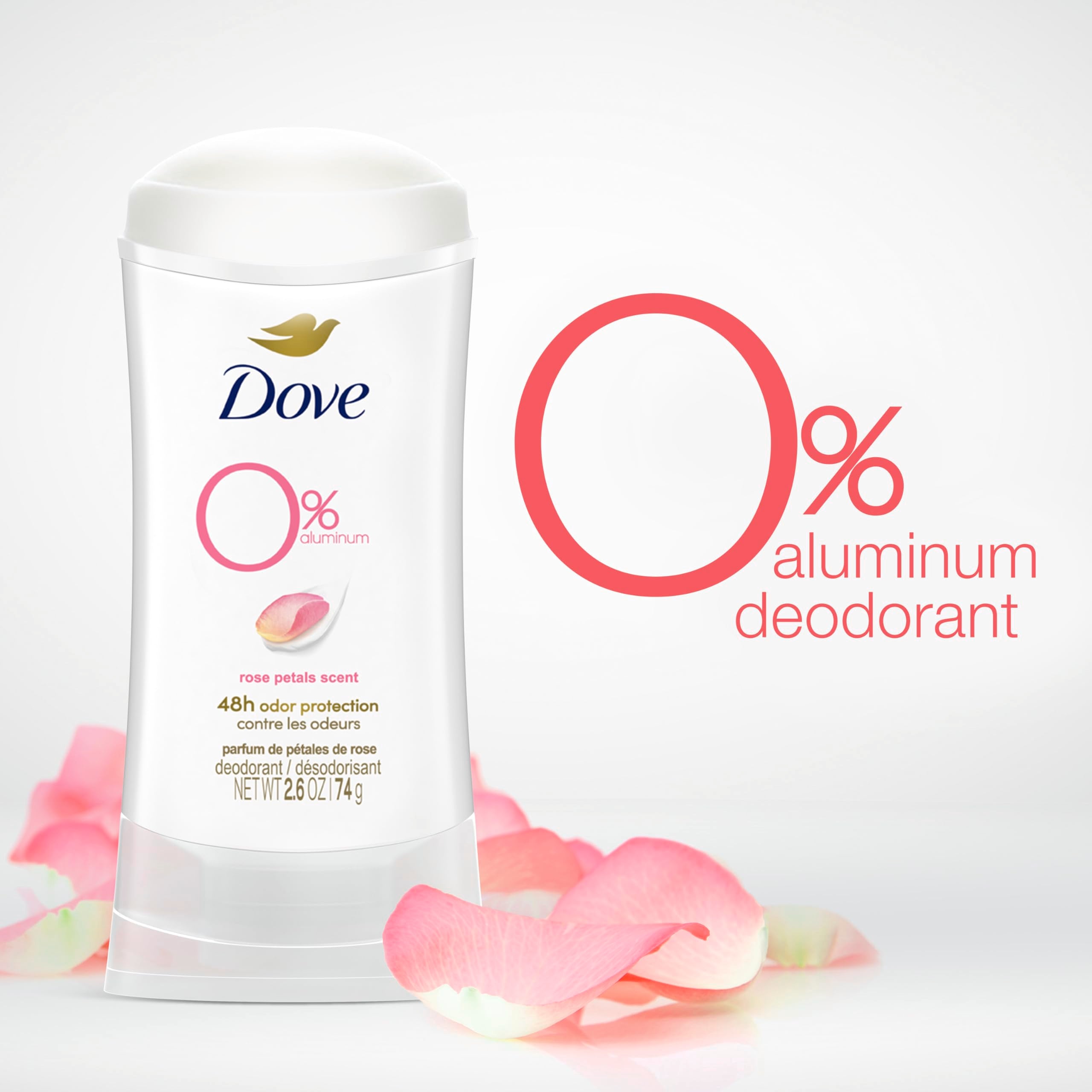 Dove 0% Aluminum Free Deodorant 24-hour Odor Protection Rose Petals Deodorant for Women 2.6 OZ, 3 Count