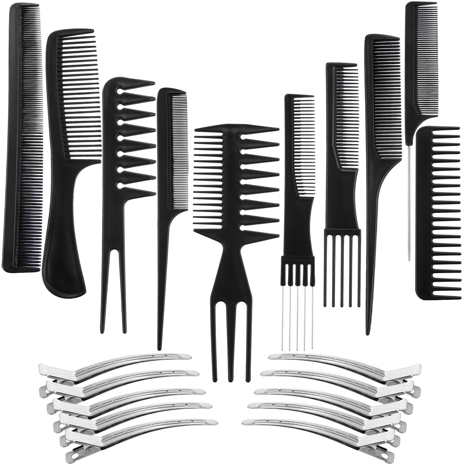 Boao Barber Hair Styling Comb Set with Duck Bill Clips, 10 Pieces Each, Salon Anti-static Stylists Comb Clip Set for Women Men (Black)