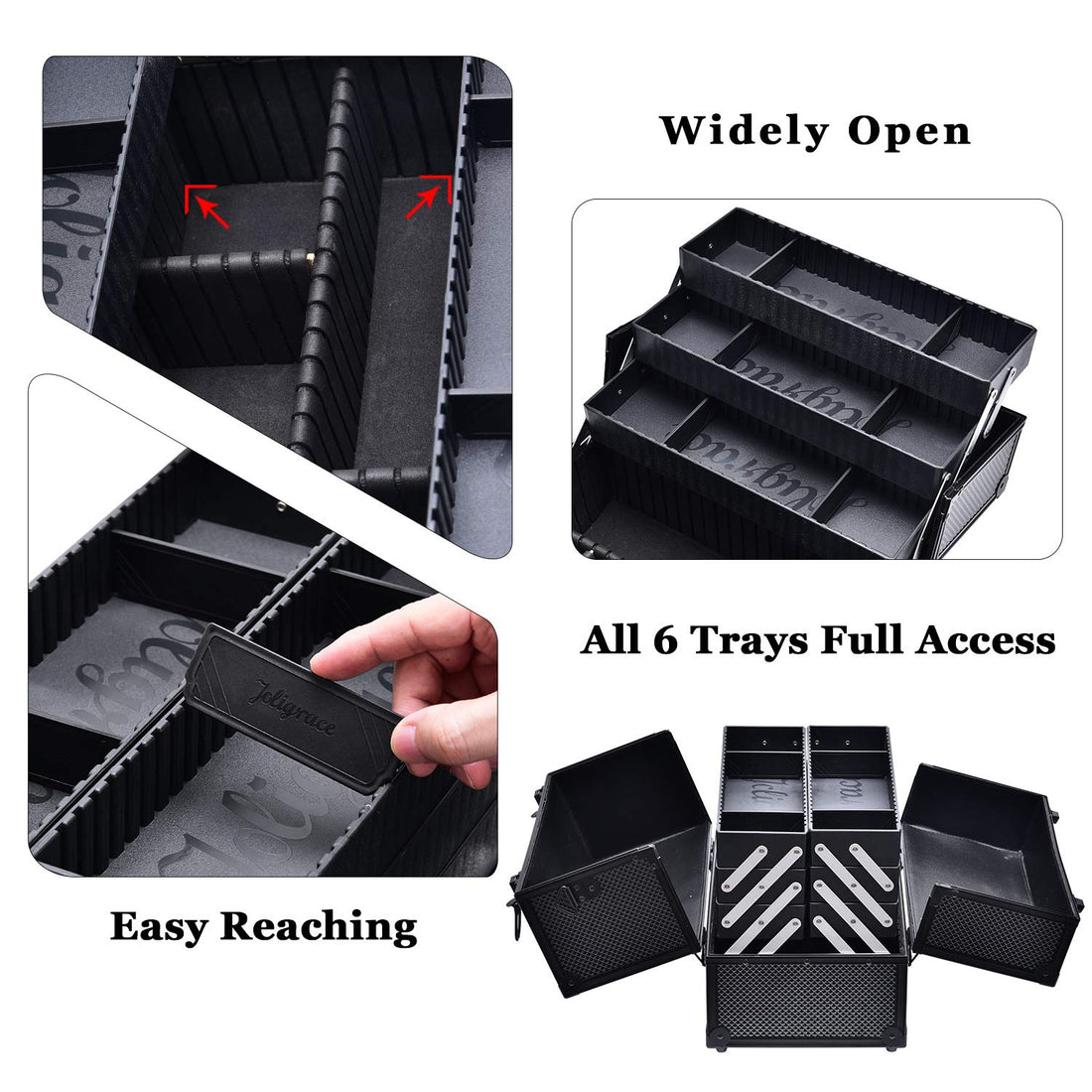 Joligrace Professional Makeup Train Storage Organizer with Lock, Compartments and 6 Trays (Black, Large, 14)