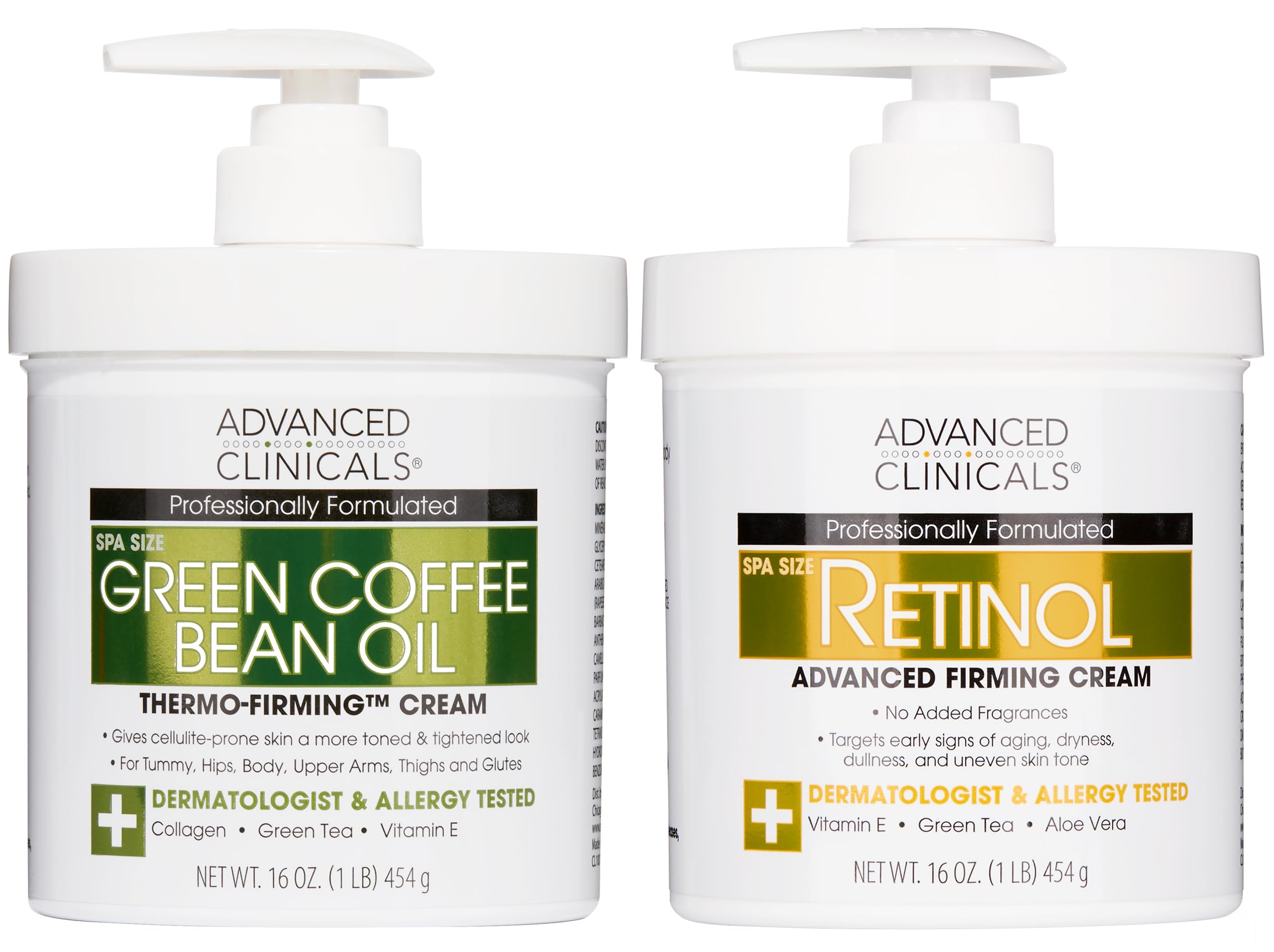 Advanced Clinicals Retinol Body Cream + Green Coffee Bean Oil Anti-Cellulite Cream Skincare Set | Crepey Skin Care Treatment | Anti Aging Face Moisturizer & Firming Body Lotion Bundle For Women, 2PC