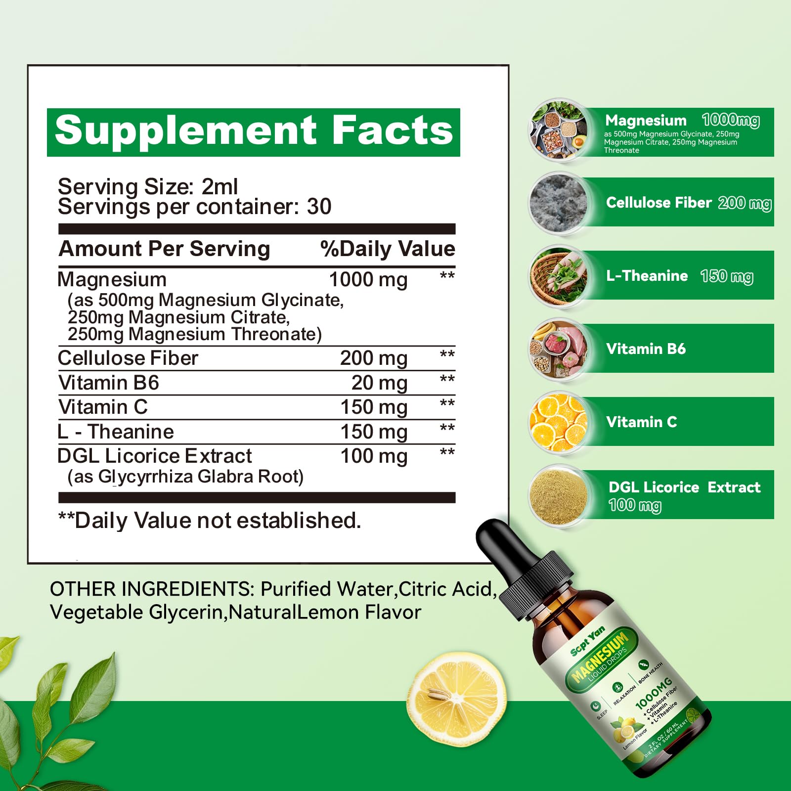 Magnesium Glycinate Liquid Drops, 1000mg Magnesium Glycinate, Citrate & Threonate with Cellulose Fiber, L-Theanine, Vitamin B & C for Sleep, Muscle, Energy & Relaxation, Sugar-Free Lemon Flavor