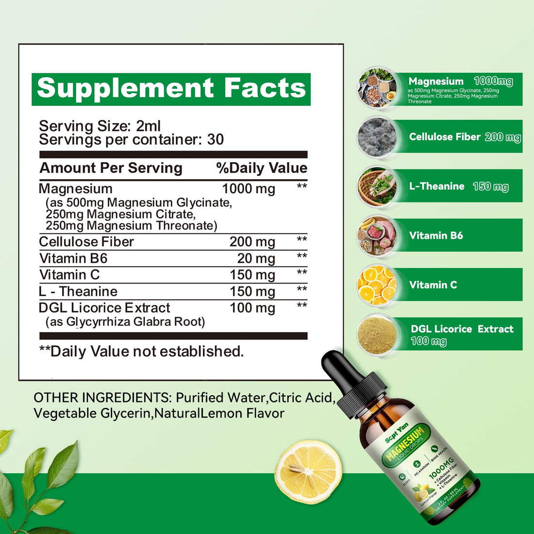 Magnesium Glycinate Liquid Drops, 1000mg Magnesium Glycinate, Citrate & Threonate with Cellulose Fiber, L-Theanine, Vitamin B & C for Sleep, Muscle, Energy & Relaxation, Sugar-Free Lemon Flavor