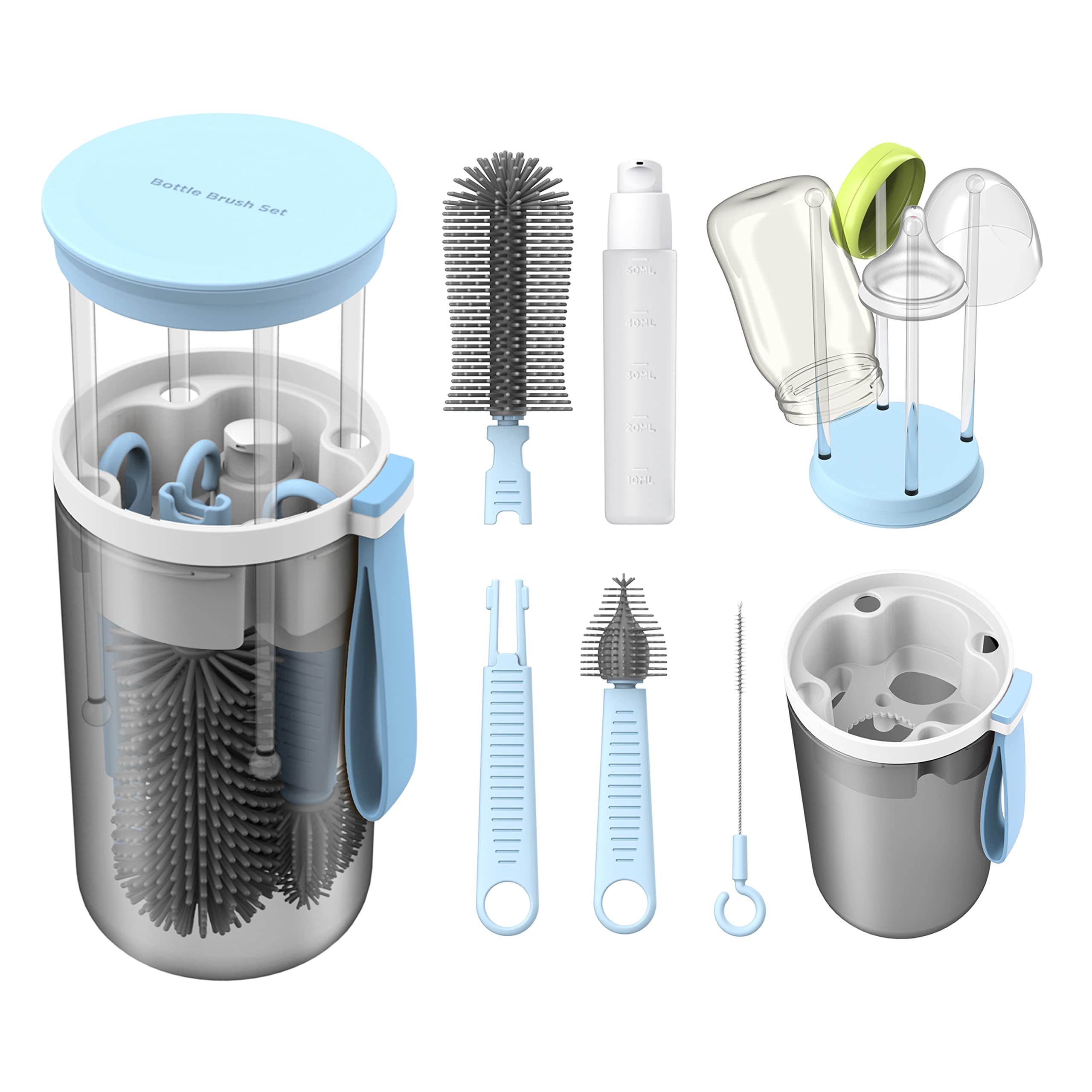 TechoEcho Travel Baby Bottle Brush Set with Extendable Liquid Silicone Bottle Brush,Nipple Brush,Built-in Bottle Drying Rack,Straw Cleaner Brush,Baby Bottle Soap Dispenser,Bottle Warmer (Blue)