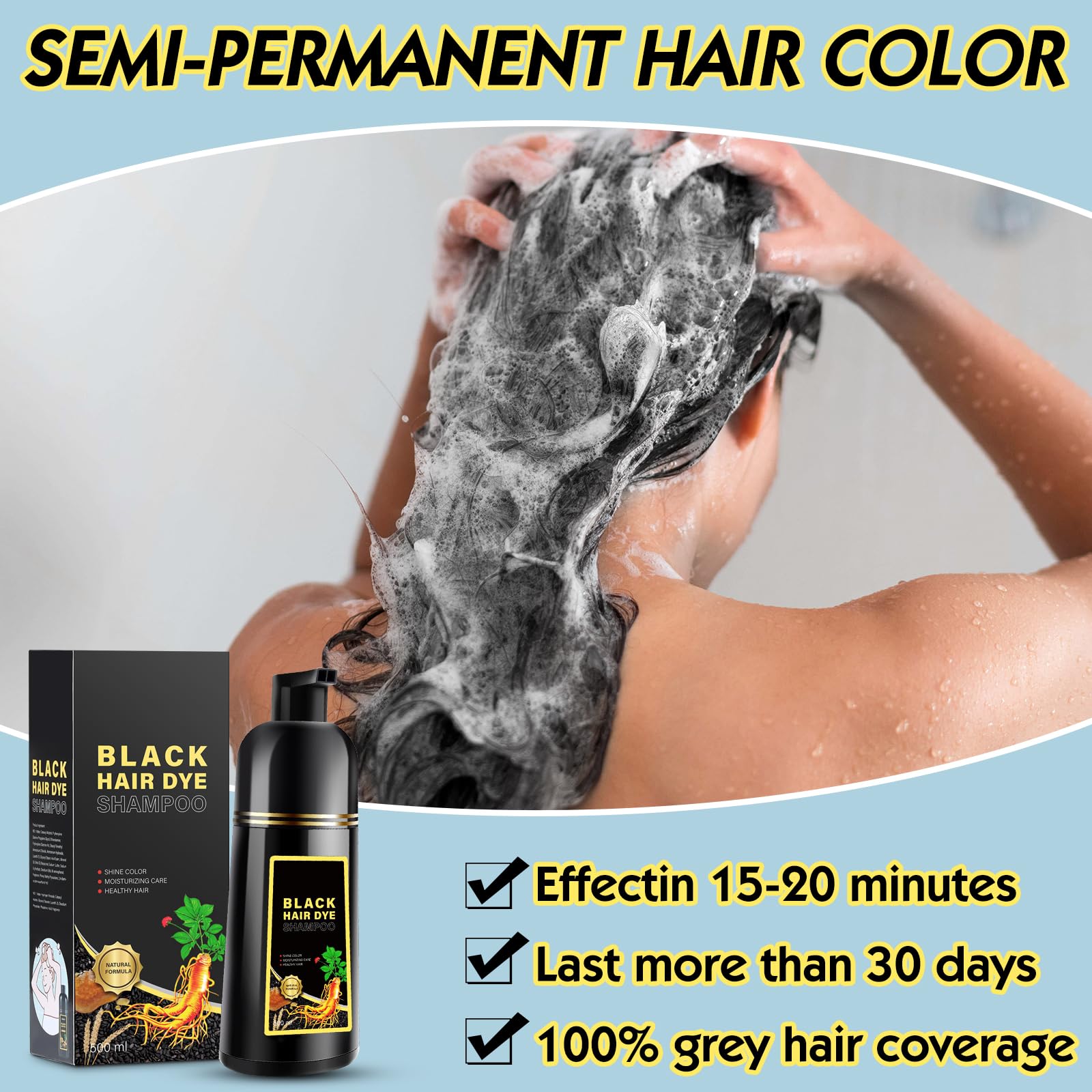 Black Hair Dye Shampoo 3 in 1, Herbal Shampoo Hair Dye for Women Men, Grey Coverage Shampoo 16.9fl oz