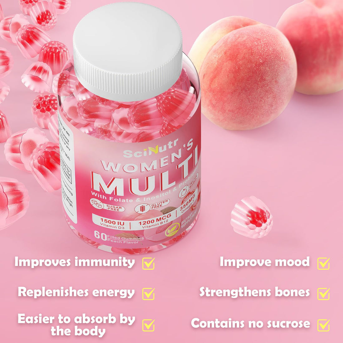Methylated Multivitamin for Women Gummies with Calcium, Magnesium, Zinc, Vitamin A, C, D3, E, K2, B Complex, Folate, Biotin - Multi Vitamins & Minerals for Energy, Immune Support,and Strengthen Bone
