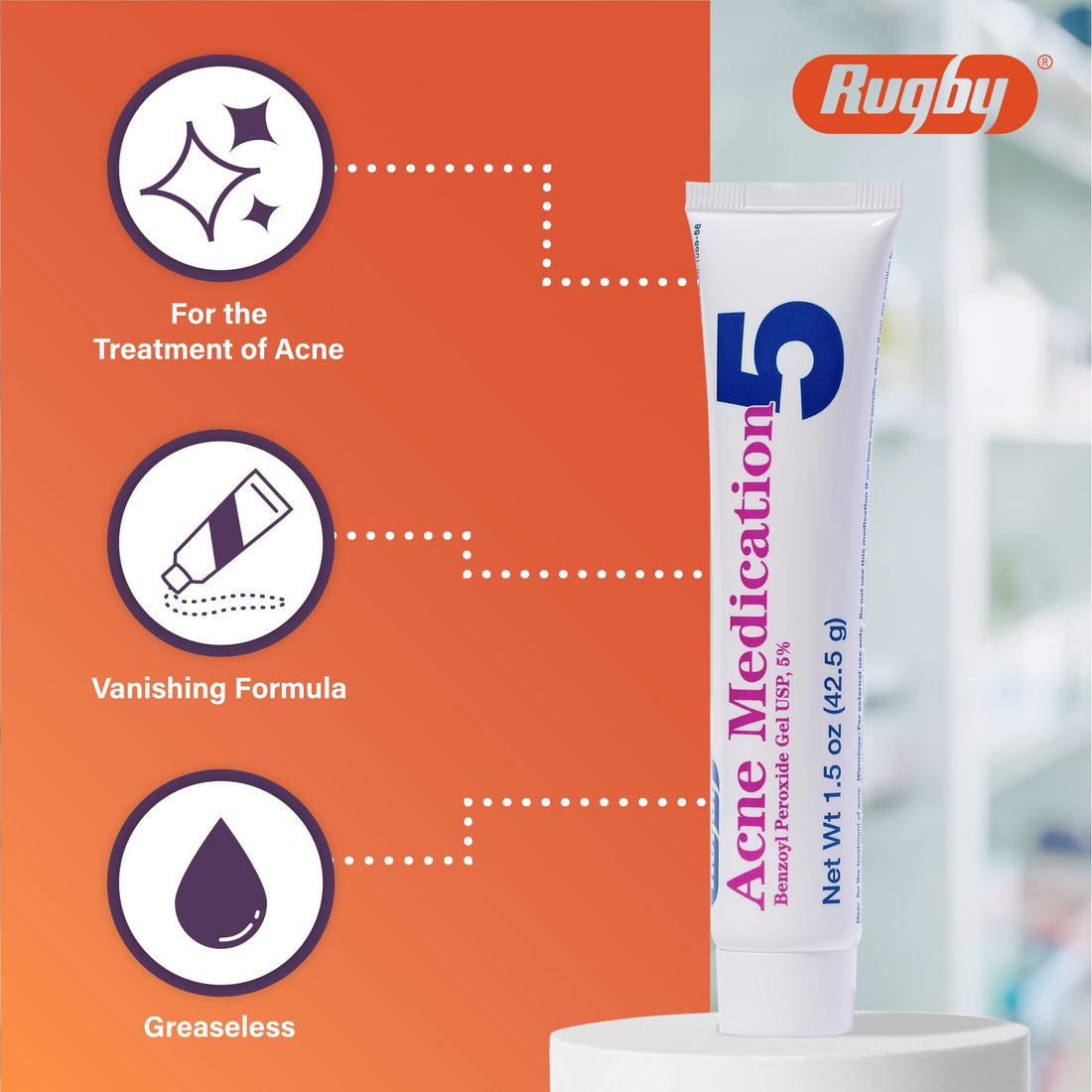 Rugby Acne Medication - Benzoyl Peroxide Gel USP 5% - Vanishing Formula - Greaseless - Helps to Clear Up Acne Pimples - 1.5 Oz. (1 Pack)