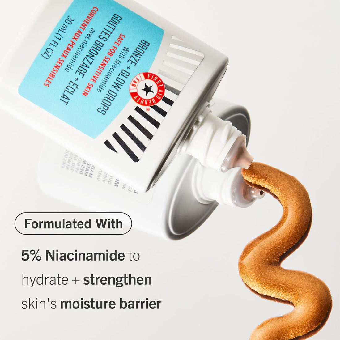 First Aid Beauty - Bronze + Glow Drops with Niacinamide, Visibly Evens Skin Tone, Blurs Pores and Hydrates for 24 hours with a Bronze Kiss of Color, Non-Comedogenic, Safe for Sensitive Skin, 1 oz