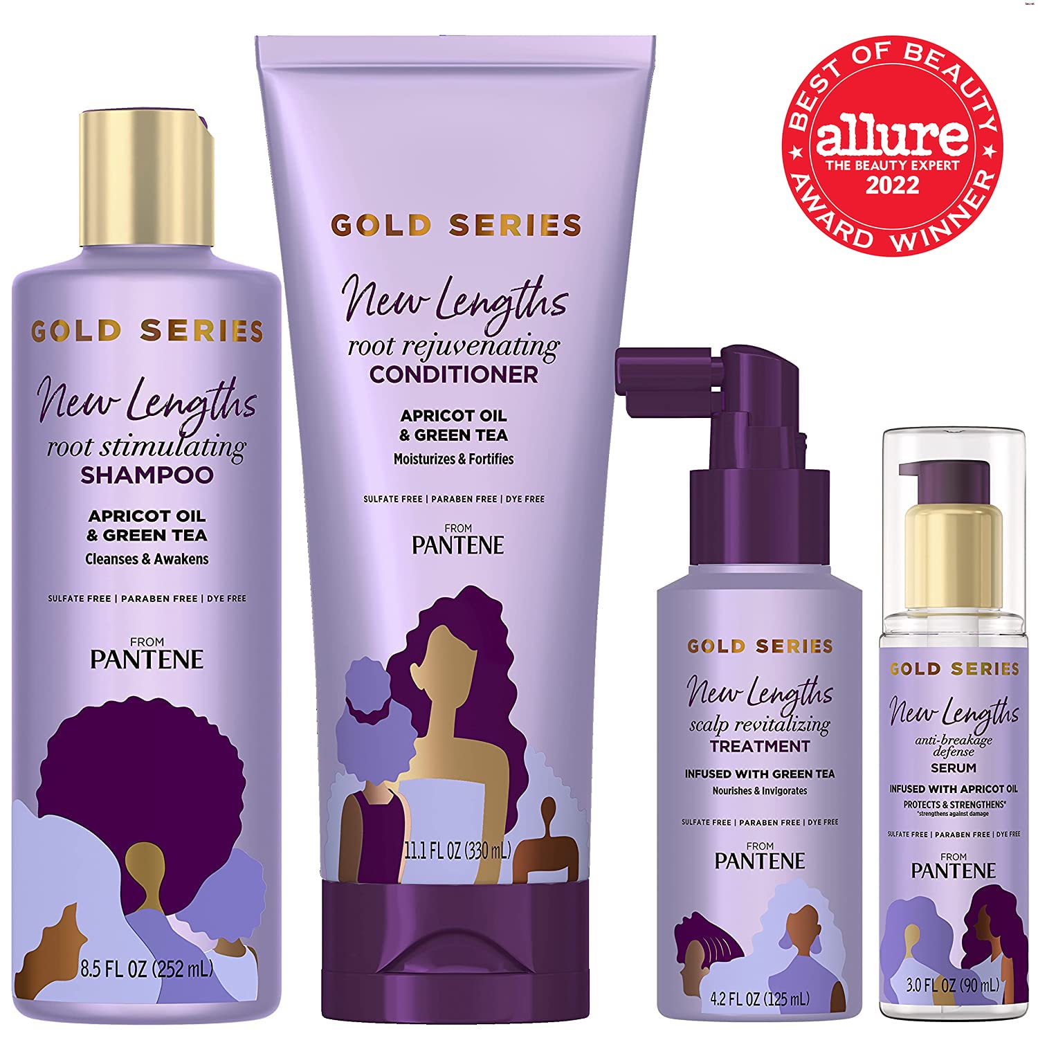 Pantene New Lengths Bundle with Root Stimulating Shampoo, Rejuvenating Conditioner, Scalp Revitalizing Treatment and Anti-Breakage Serum, made with Apricot Oil and Green Tea, for Natural and CurlyHair