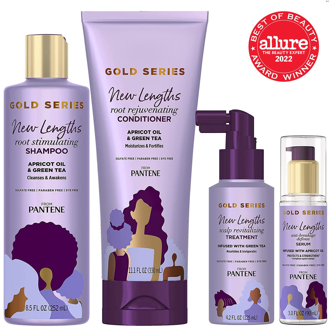 Pantene New Lengths Bundle with Root Stimulating Shampoo, Rejuvenating Conditioner, Scalp Revitalizing Treatment and Anti-Breakage Serum, made with Apricot Oil and Green Tea, for Natural and CurlyHair
