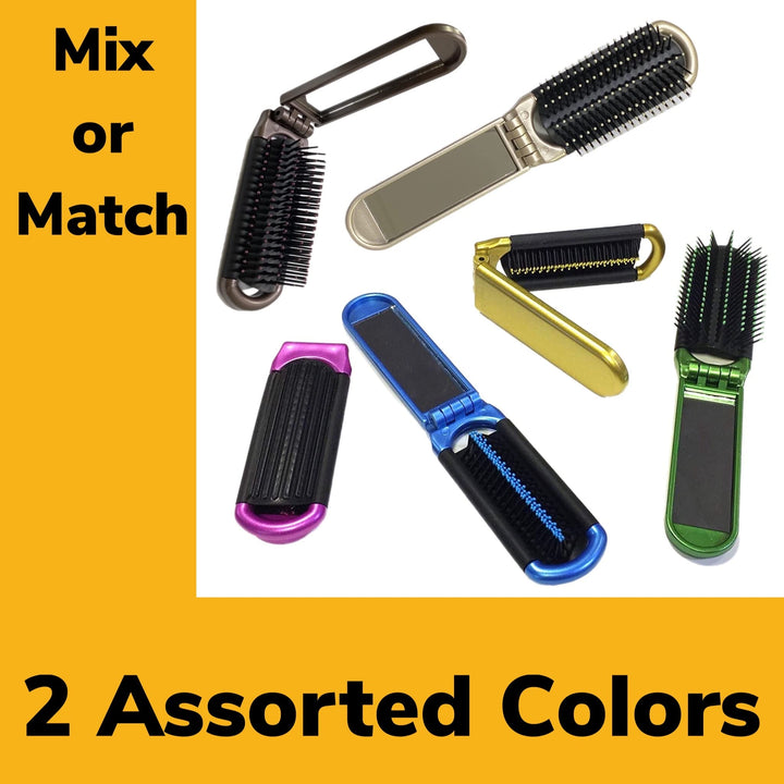 2 Folding Hair Brush With Mirror Compact Pocket Size Travel Car Gym Bag Purse Locker