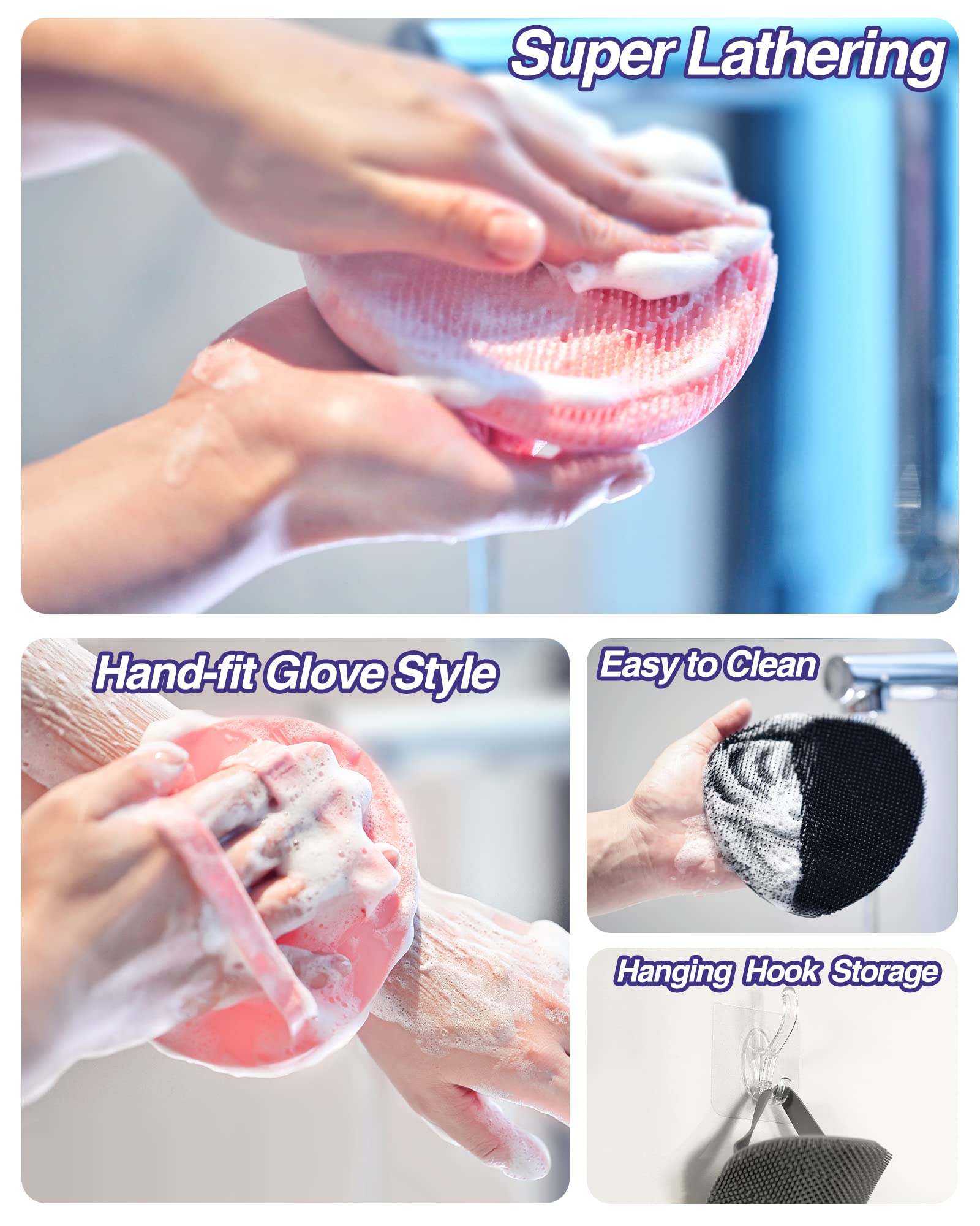 ManmiHealth Silicone Back Scrubber & Soft Shower Brush Set(2 PCS), Super-Exfoliating Body Scrubber (Thin Bristles)& Super-Lathering Bath Glove Combination, with a Free Hook (Grey)