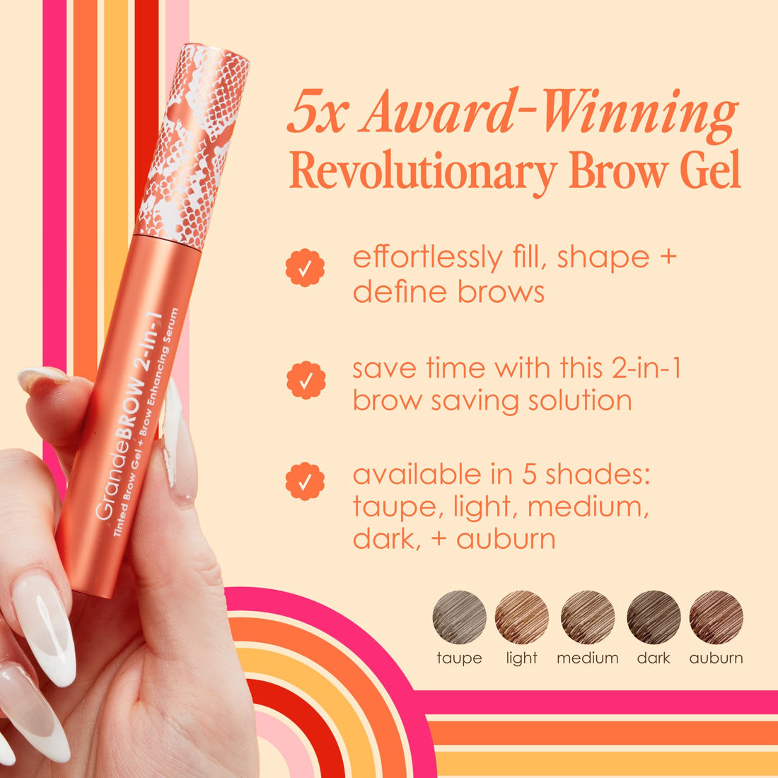 GrandeBROW 2-In-1 Tinted Brow Gel + Brow Enhancing Serum, Taupe