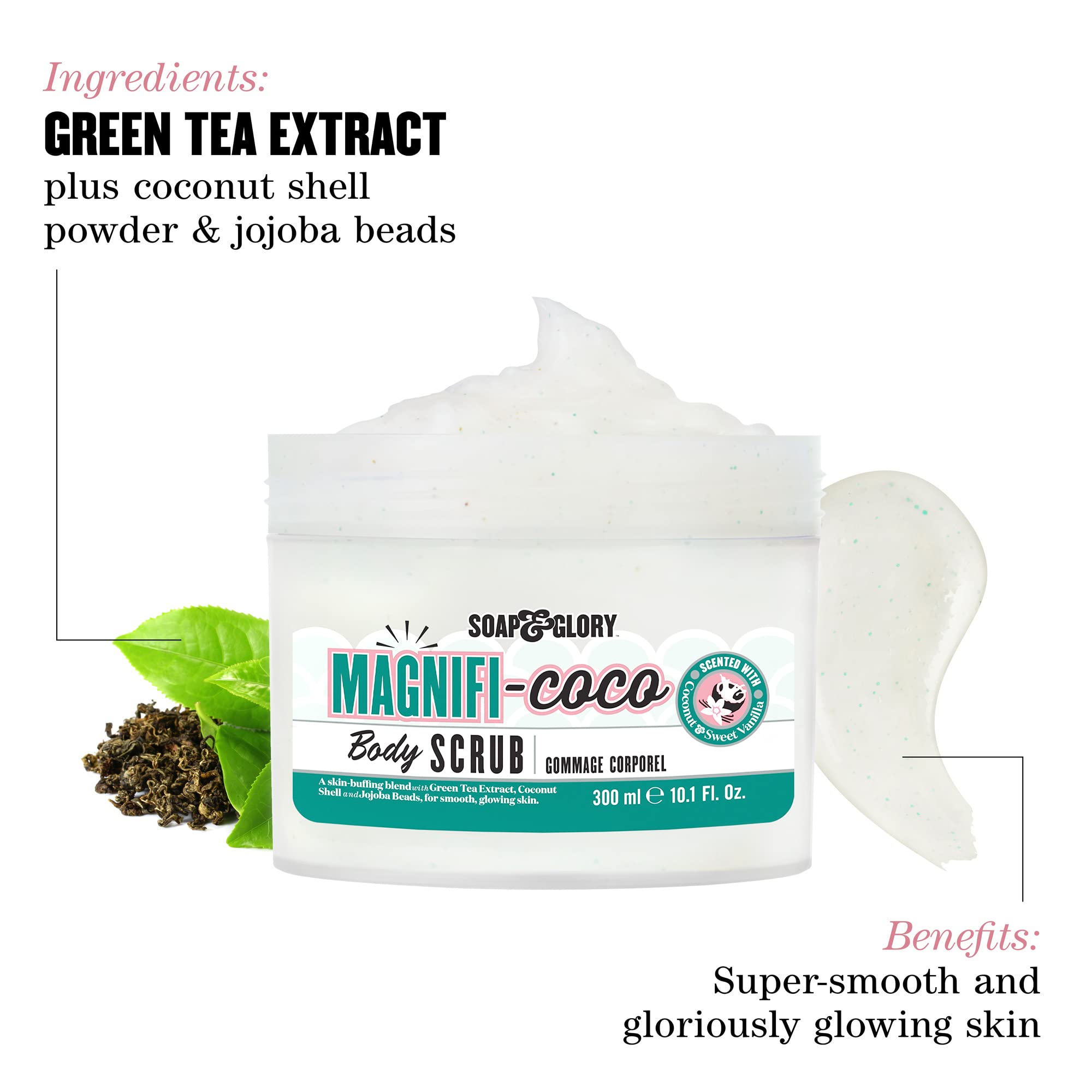 Soap & Glory Magnificoco Buff and Ready Coconut Body Scrub - Smoothing & Buffing Body Scrub - Coconut Scented Body Polish - Brightening Body Scrub with Green Tea Extract (300ml)