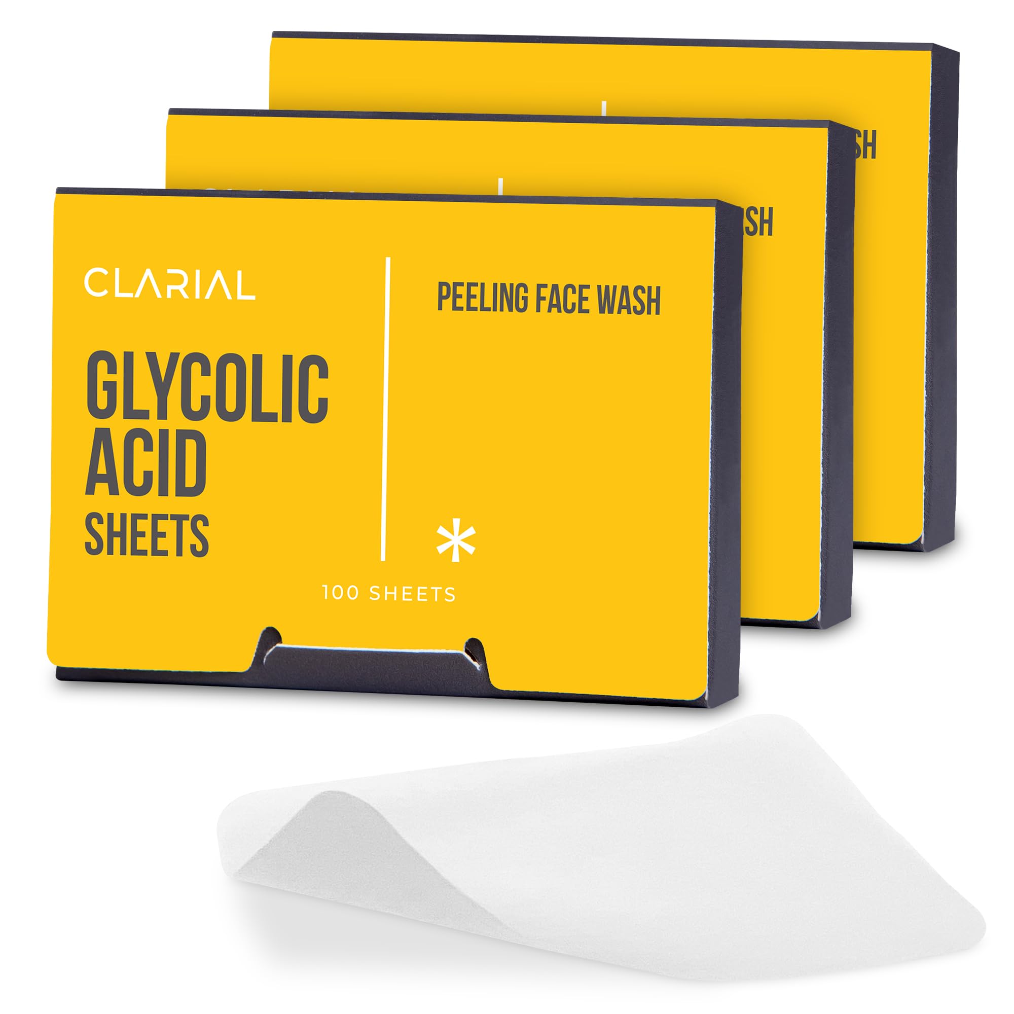 CLARIAL Glycolic Acid Soap Sheets - 100 Exfoliating Peel Face Wash - Travel Size Facial Cleanser with Vitamin C, Retinol, Kojic Acid, Collagen - Anti Aging and Minimizes Pores and Scars - 3 Pack