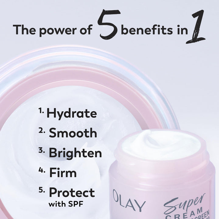 Olay Super Cream with Sunscreen SPF 30, 15 mL, Trial Size Ultra Lightweight Face Moisturizer - Vitamin C, Hyaluronic Acid, Niacinamide, Collagen Peptide - Hydrate, Smooth, Brighten, Firm, and Protect