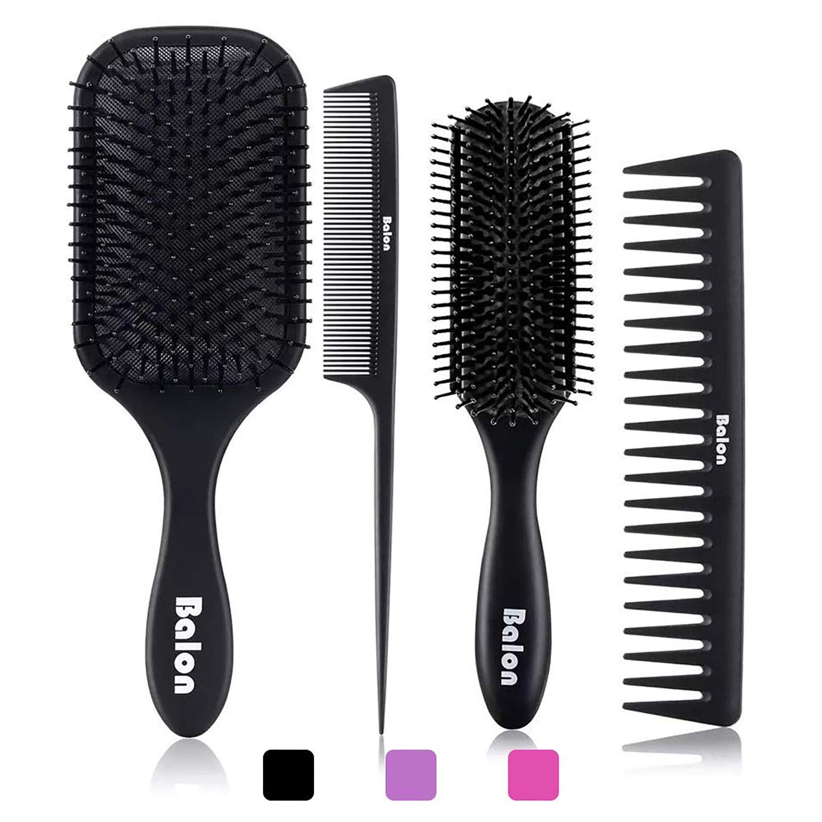 4Pcs Paddle Hair Brush, Detangling Brush and Hair Comb Set for Men and Women, Great On Wet or Dry Hair, No More Tangle Hairbrush for Long Thick Thin Curly Natural Hair (Black)
