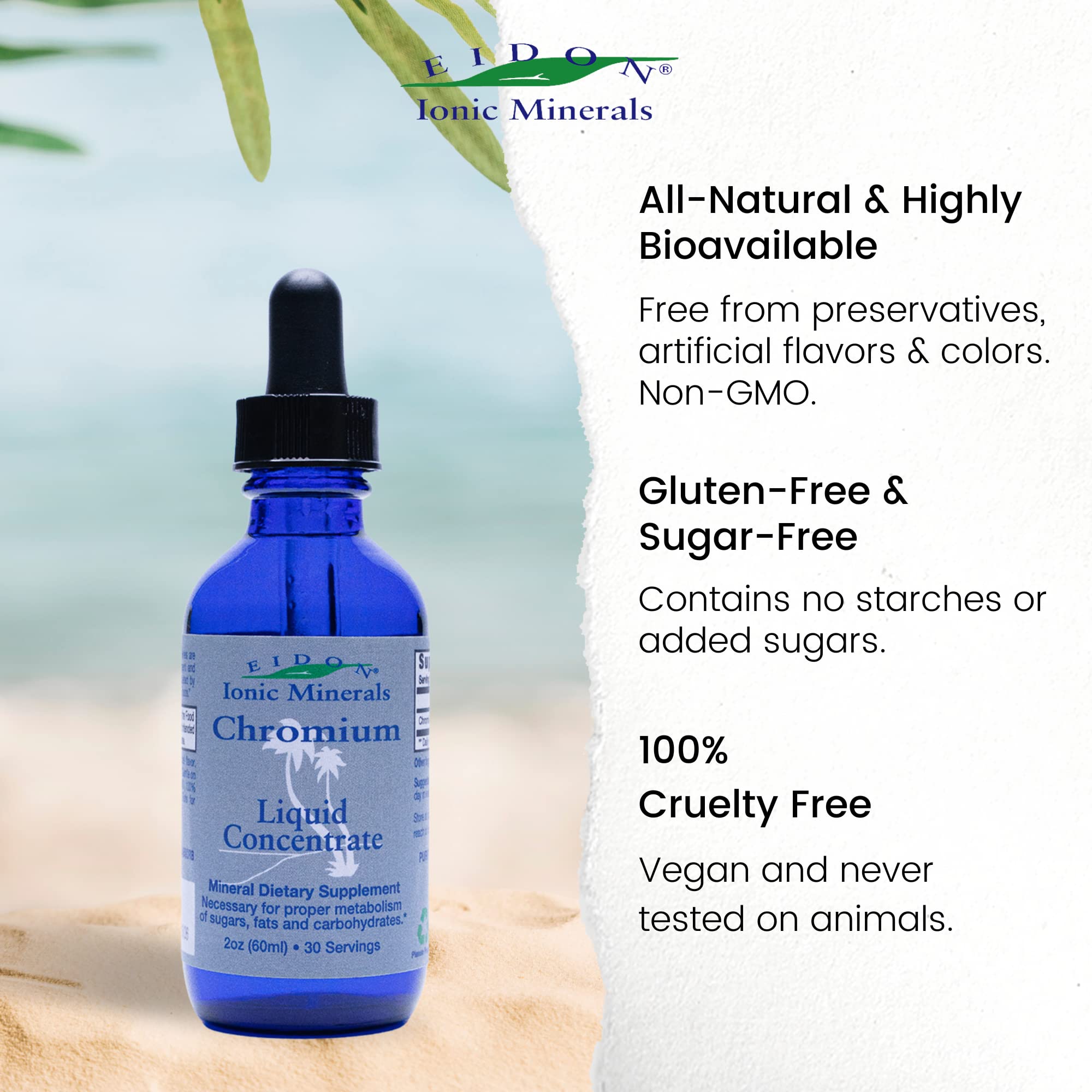 Eidon Ionic Minerals Liquid Chromium Concentrate - Ionic Chromium Supplement Drops, Supports Stable Energy Levels, All-Natural, No Sugar Added, No Preservatives or Additives - 2 oz