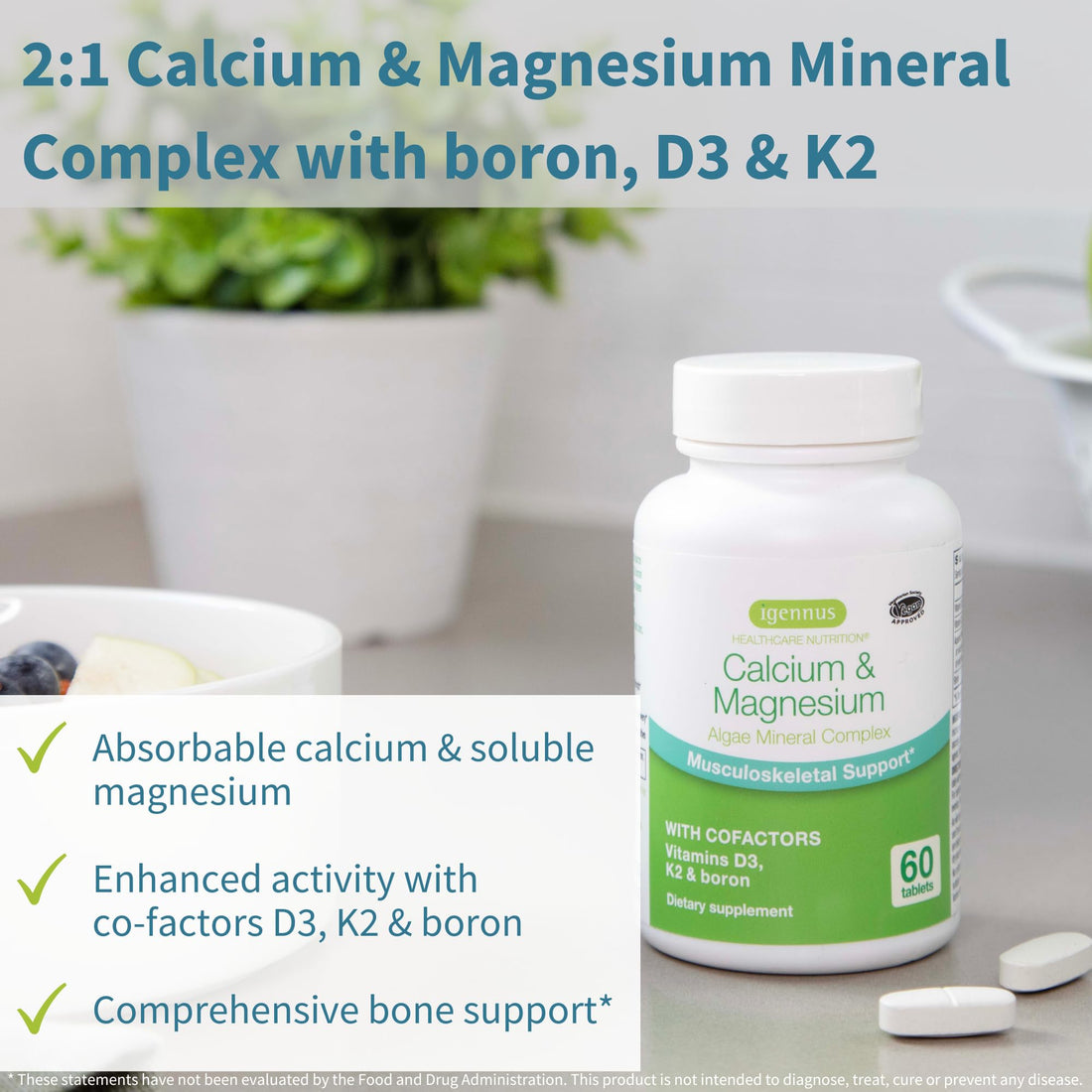 Igennus Algae Calcium & Magnesium Supplement, Plant Based, High Absorption, K2 & D3, Non-GMO Red Algae Mineral Complex for Bone & Teeth Support, with Boron, Vegan, 60 Tablets