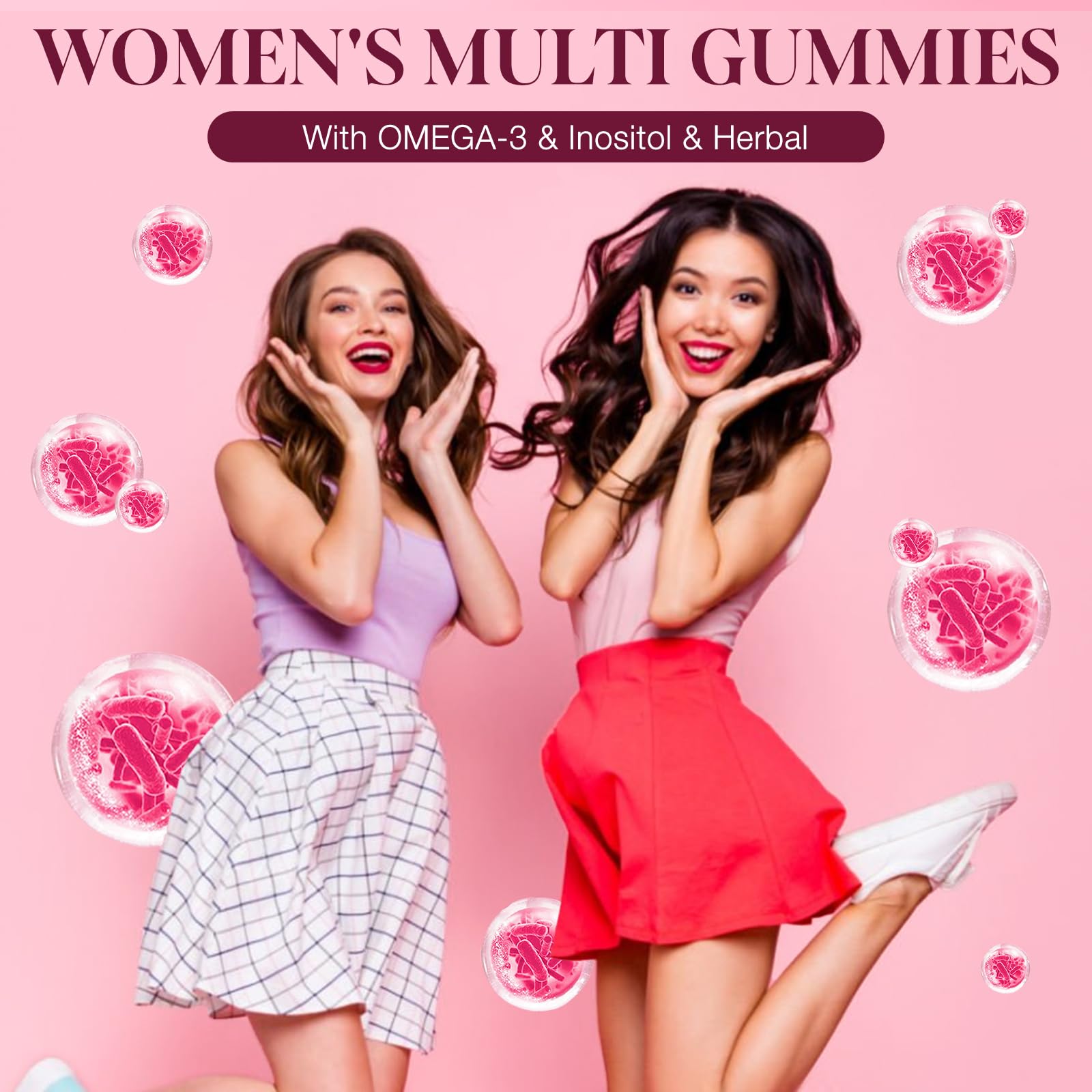 Women's Multivitamin Gummies, Berry Flavor, Sugar-Free, with Prebiotics, Omega-3, Inositol, CoQ10, and Vitamins A, C, D3, E, B12, Daily Support for Heart, Brain, Gut, Digestion, Energy & Immune