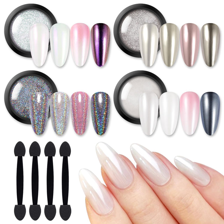 BORN PRETTY Chrome Nail Powder,White Pearl Metallic Mirror Holographic Chrome Powder for Nails,Pearl Glitter Pigment Dust Kit Nail Art Decoration Sets