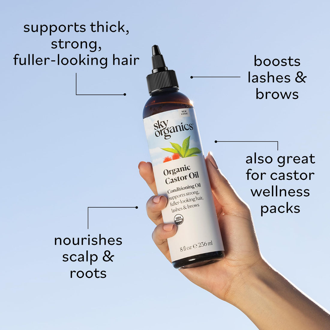 Sky Organics - Castor Oil Organic - Volumizing Hair Oil - Scalp, Lashes, Brows - Pure Castor Oil Cold Pressed - Natural Conditioner - Omega Fatty Acids, Vegan - Beauty, Hair Care - 8oz w ebook