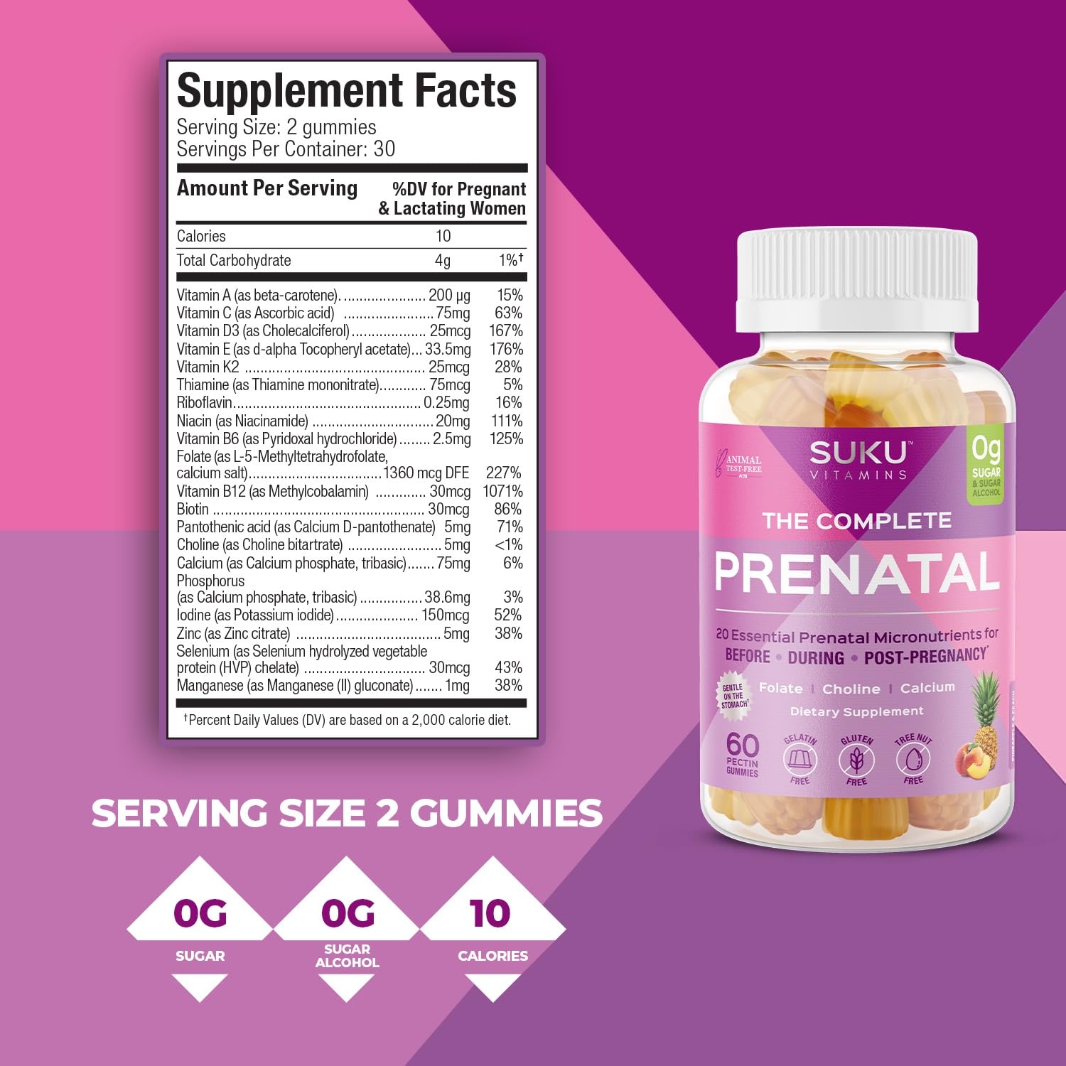 SUKU Vitamins - Complete Prenatal - Enriched with Calcium, Vitamin K2, Vitamin B12 and More Gummies - Easy to Chew - Non GMO, Gluten Sugar Free - Pineapple Peach Flavored Gummy Vitamins, 60 Count