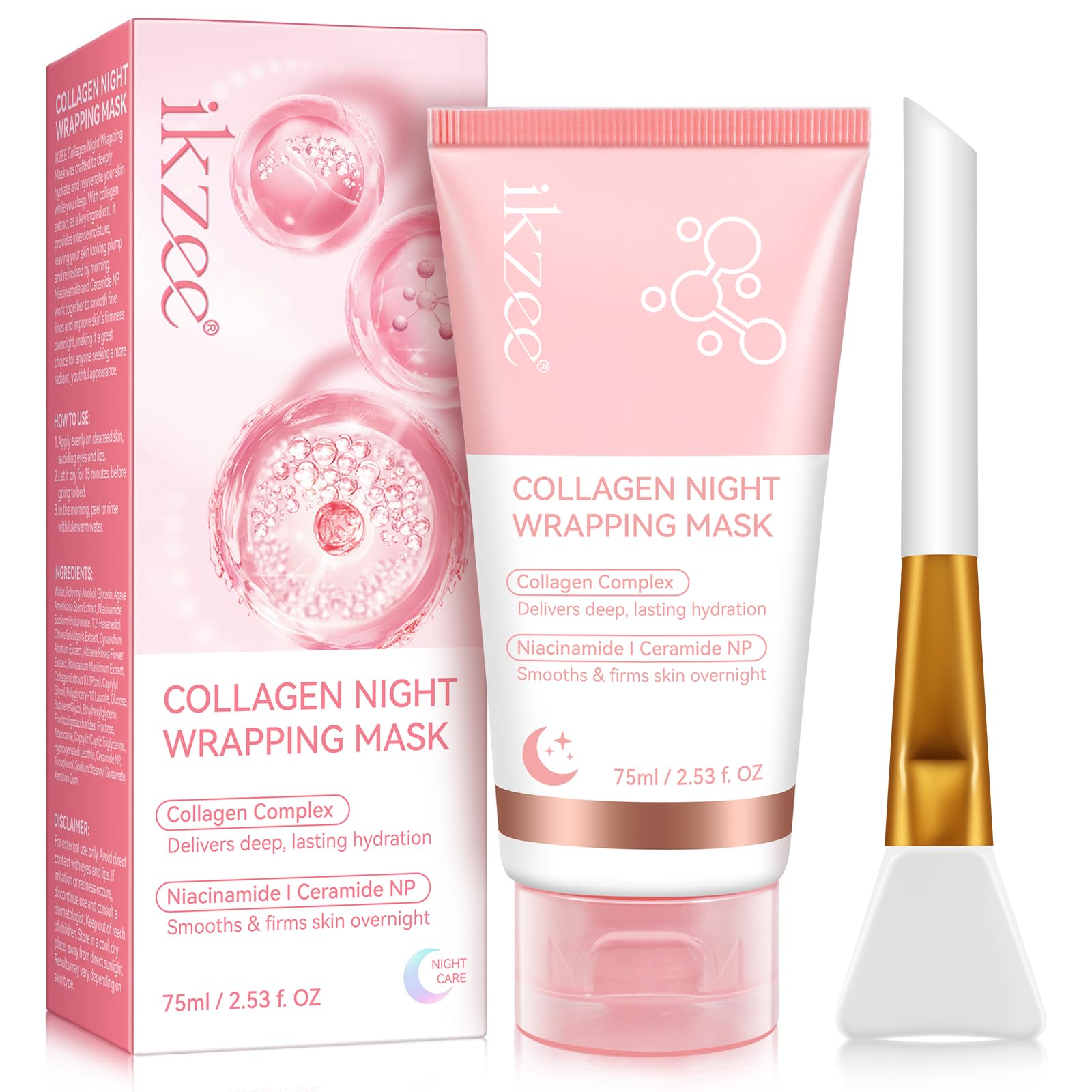 Collagen Night Wrapping Mask 2.53 fl.oz, Collagen Overnight Wrapping Peel Off Facial Mask with Brush, Deep Hydration, Improves Skin Elasticity, Pore Tightening & Firming, Reduces Sagging & Dullness