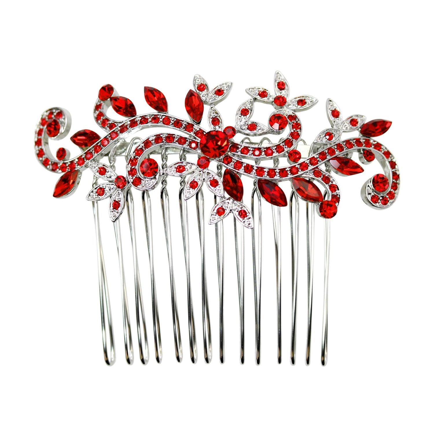Faship Hair Comb Red Rhinestone Crystal Floral