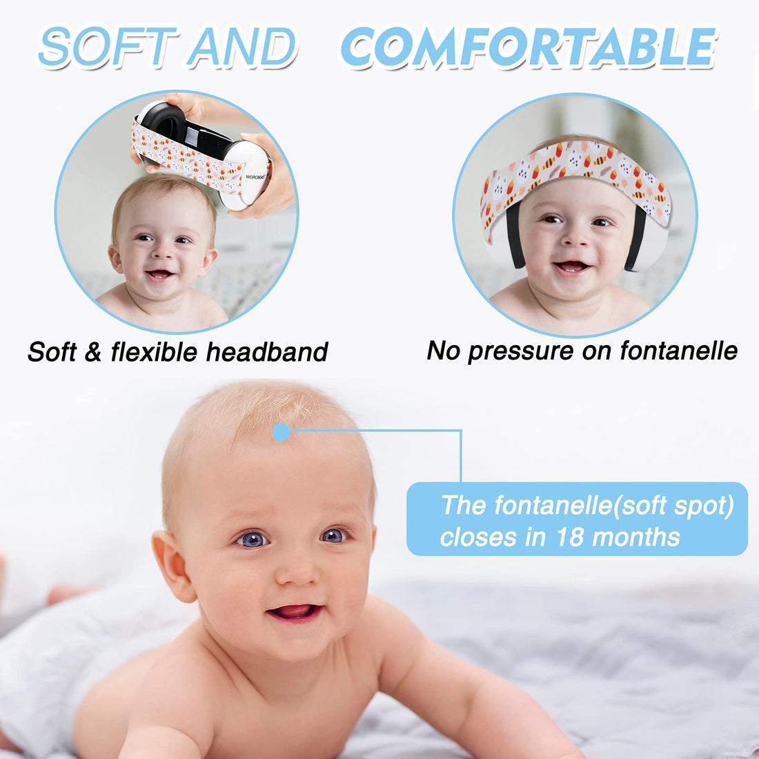 WORCBGIO Infant Ear Protection Headphones with Adjustable Elastic Headband&Comfortable White Muffs Baby Earmuff Helps Sleep Well & Reduce Noise (Gypsophila, Pink