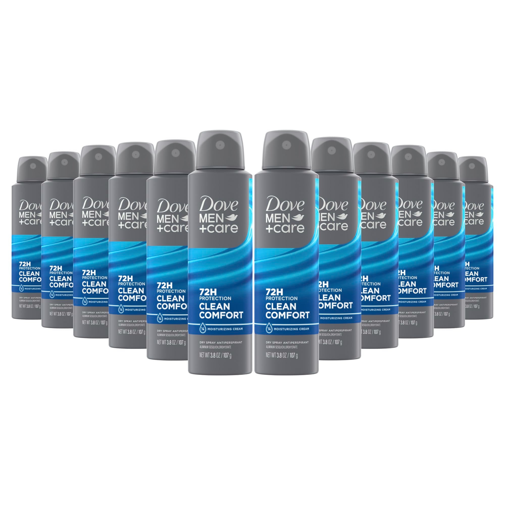 Dove Men+Care Antiperspirant Deodorant Clean Comfort, Pack of 12, Dry Spray For Men 72-hour Sweat and Odor Protection with Triple Defense Technology 3.8 oz