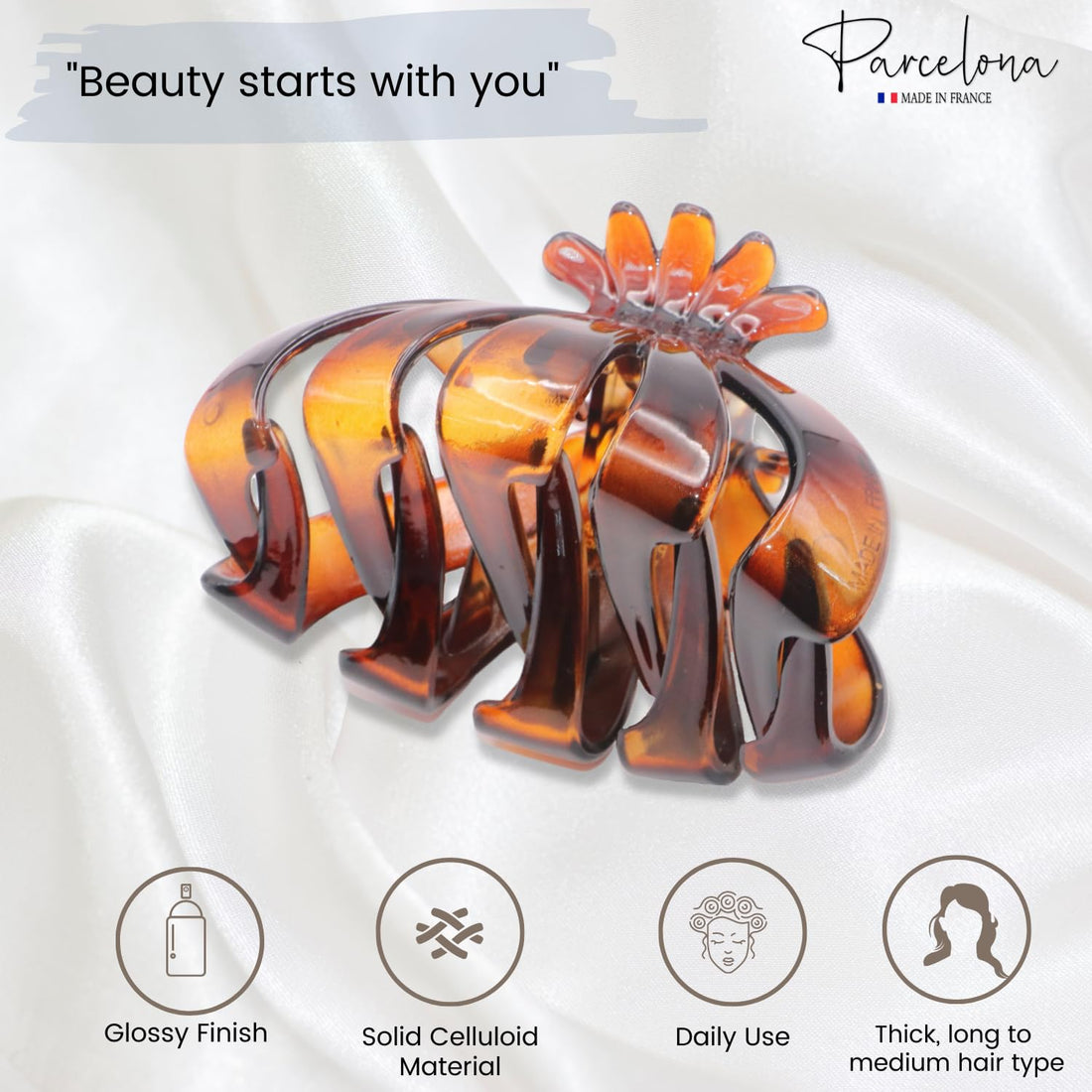 Parcelona French Fleur Large Wide Inside Teeth Celluloid Tortoise Shell Jaw Hair Claw Clip Clutcher Clamp