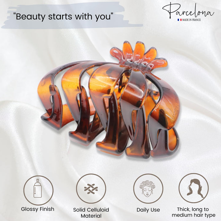 Parcelona French Fleur Large Wide Inside Teeth Celluloid Tortoise Shell Jaw Hair Claw Clip Clutcher Clamp