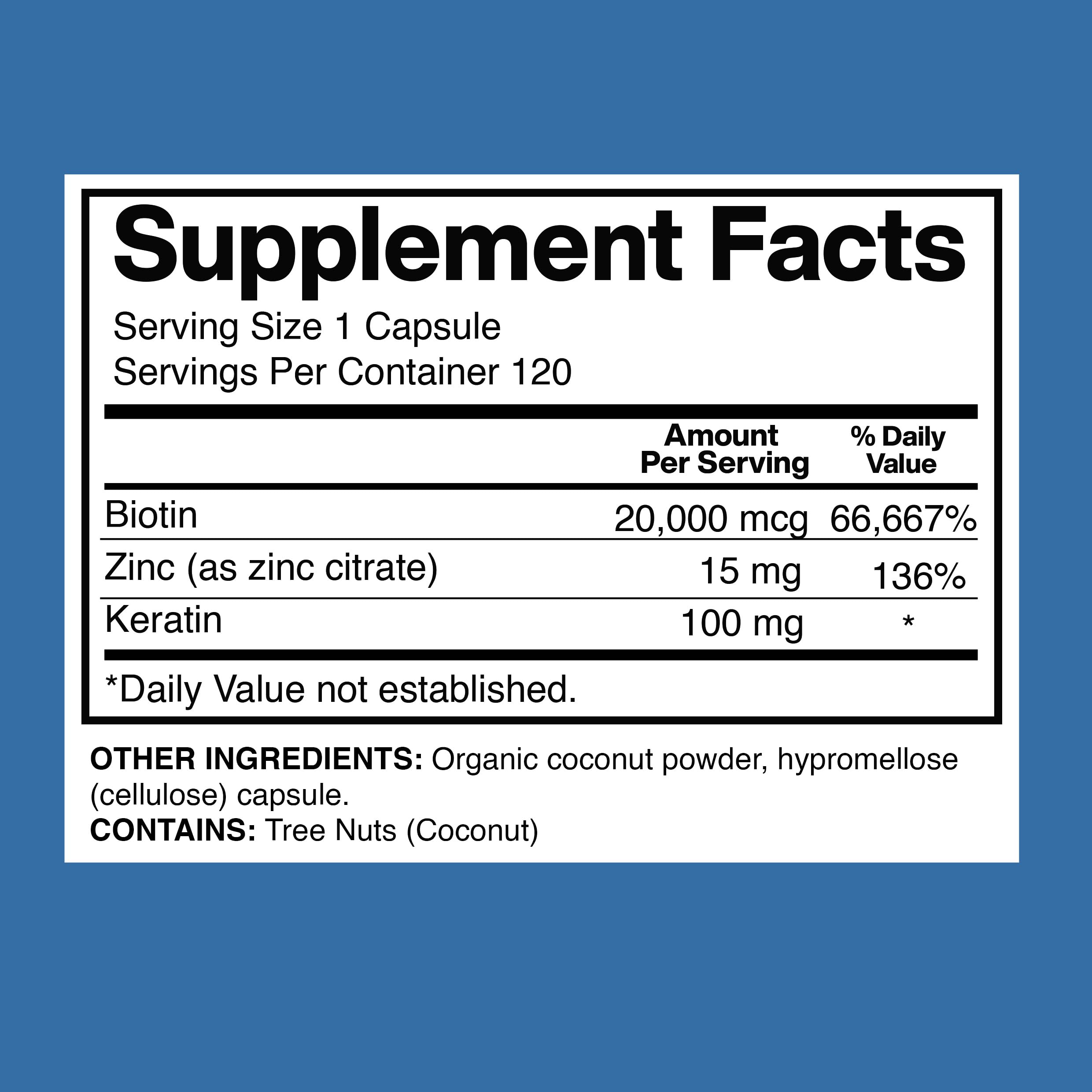 Biotin 20,000mcg with Keratin, Coconut Powder and Zinc, Hair Growth Supplements, Biotin Supplements, Healthy Hair Skin & Nails for Adults,120 Veggie Capsules, 120 Day Supply