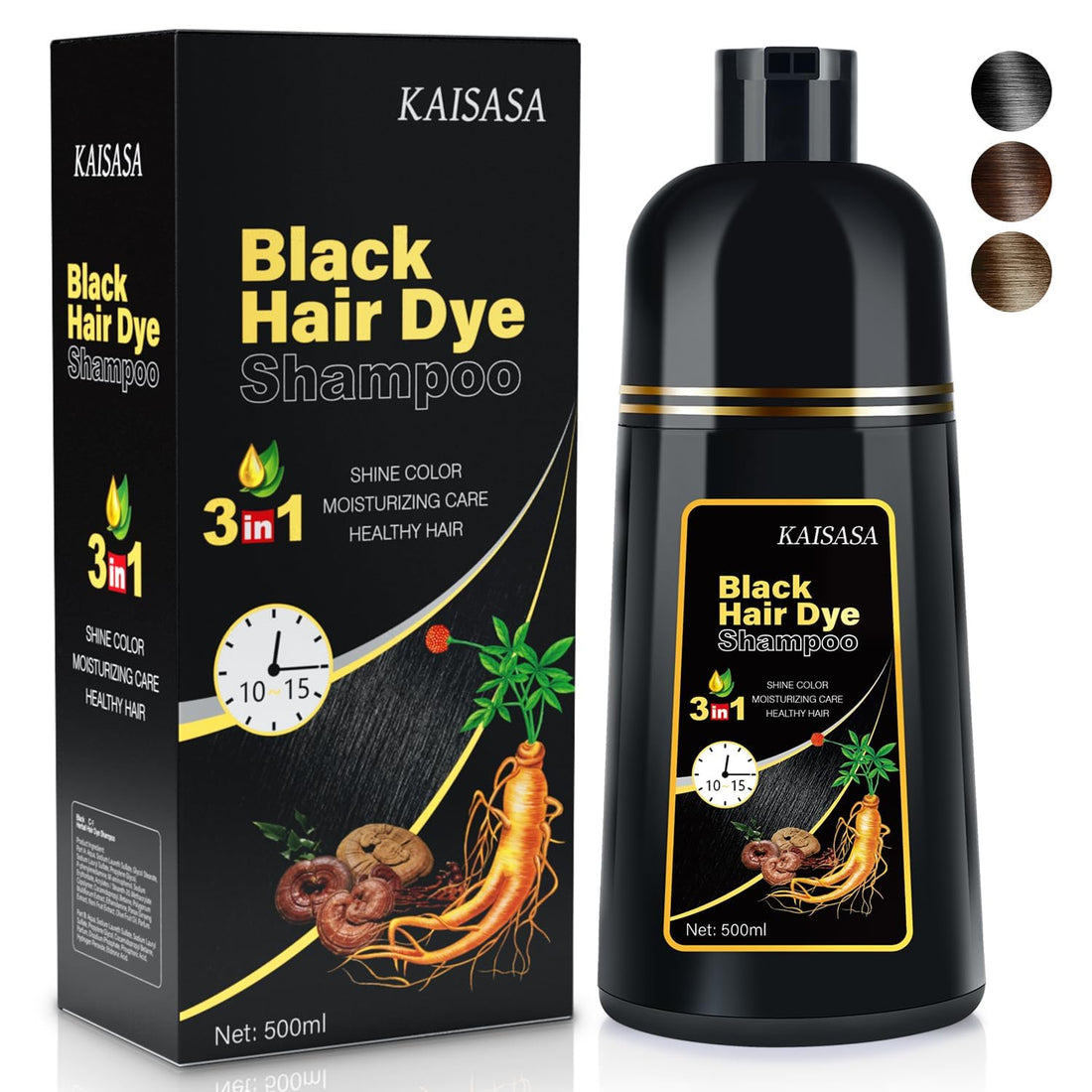 Natural Black Hair Dye Shampoo Instant & Easy 3-in-1 Hair Color Solution for Men and Women - Herbal Formula, Ammonia-free, Lasts 30 Days - 16.90 oz