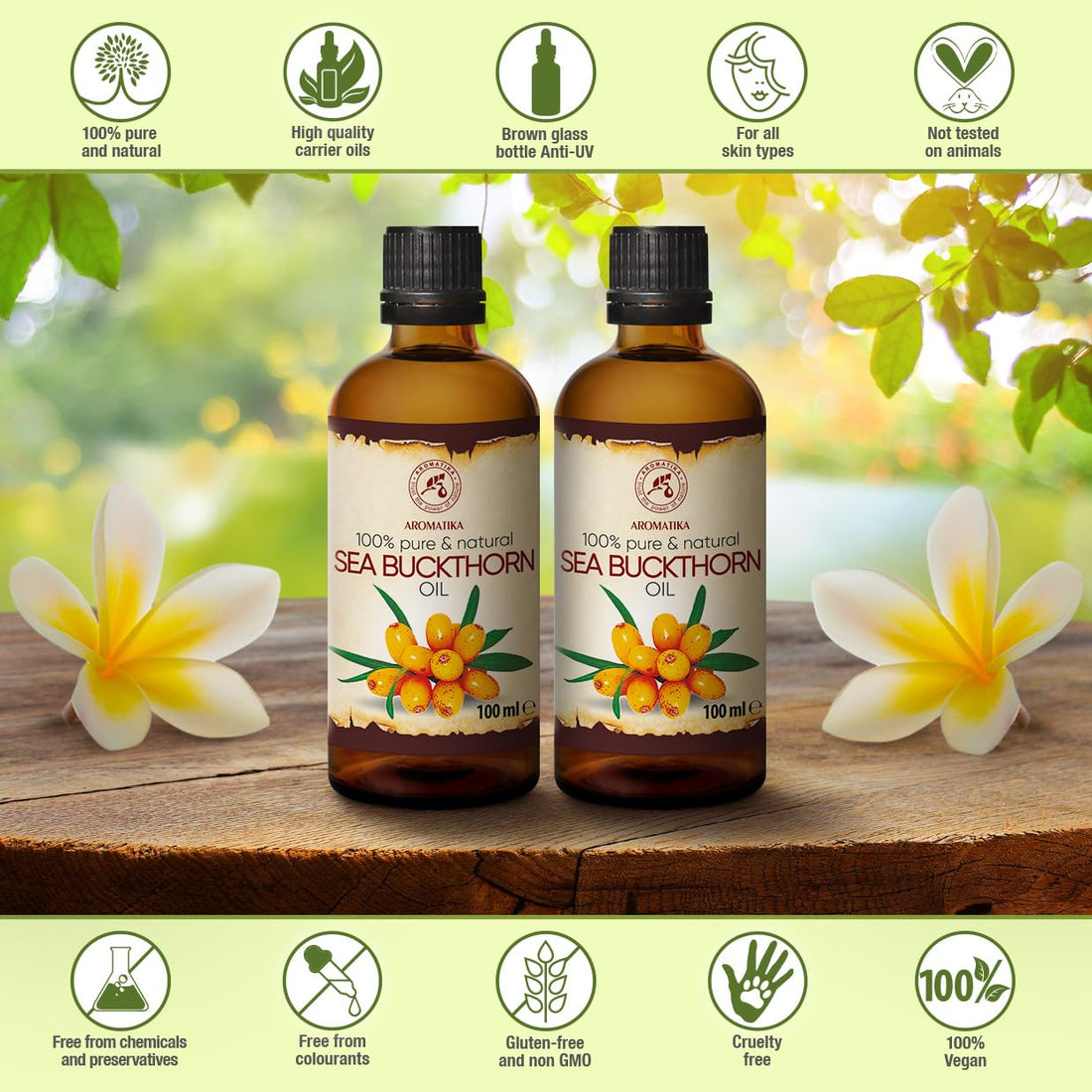 Sea Buckthorn Oil (2pack of 2 x 3.4oz) 6.8oz - Cold Pressed - Pure & Natural - Hippophae Rhamnoides - Carrier Oil for Essential Oils - Nails - Hair - Face & Body Care
