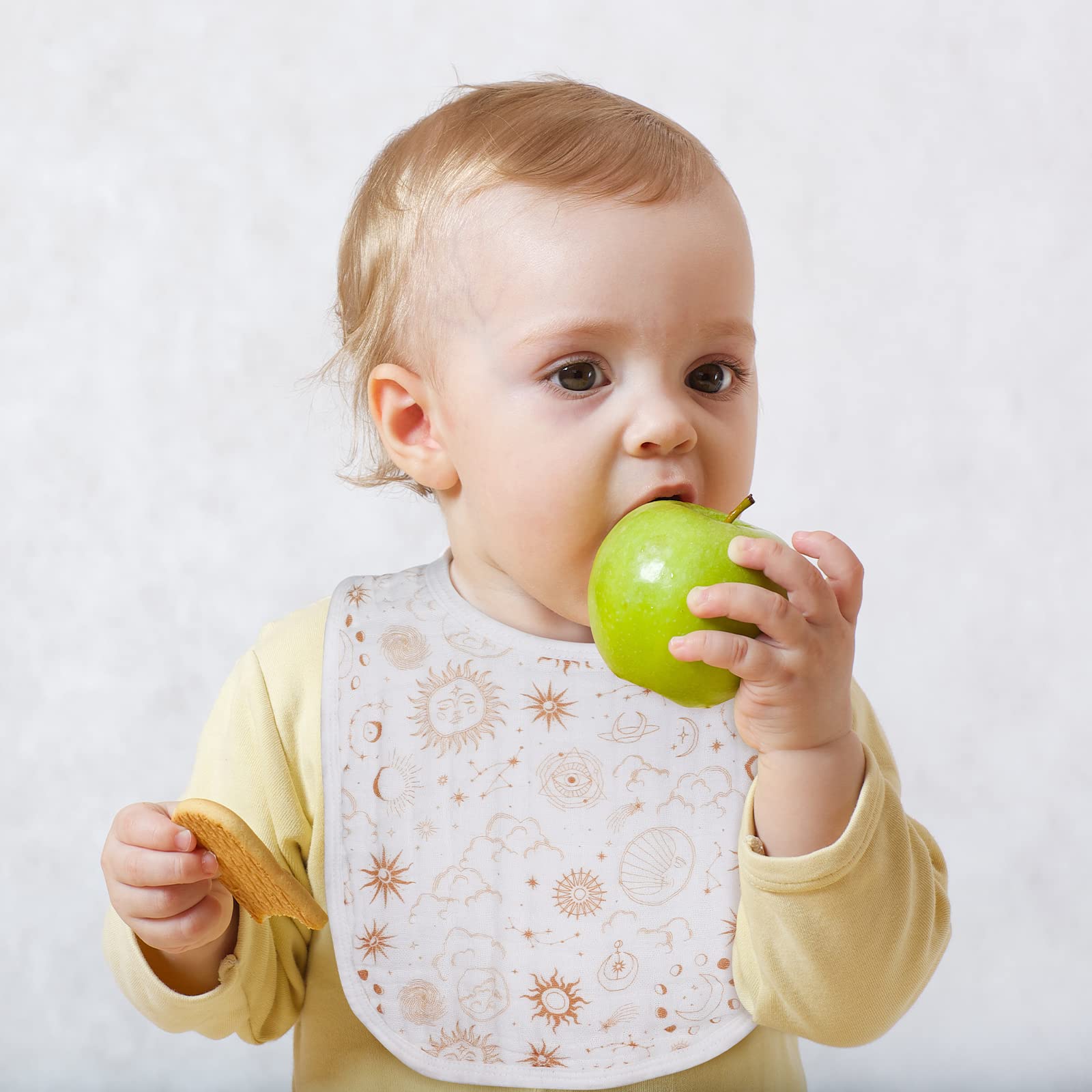 Snap Muslin Bibs for Girls, 3-Pack Baby Bibs for Infants, Newborns and Toddlers, 100% Cotton Muslin Absorbent & Soft Layers, Adjustable Snaps,Rainbow,Cosmos,Clouds