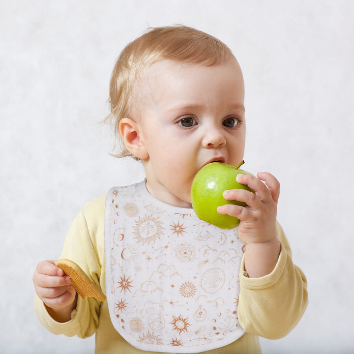 Snap Muslin Bibs for Girls, 3-Pack Baby Bibs for Infants, Newborns and Toddlers, 100% Cotton Muslin Absorbent & Soft Layers, Adjustable Snaps,Rainbow,Cosmos,Clouds