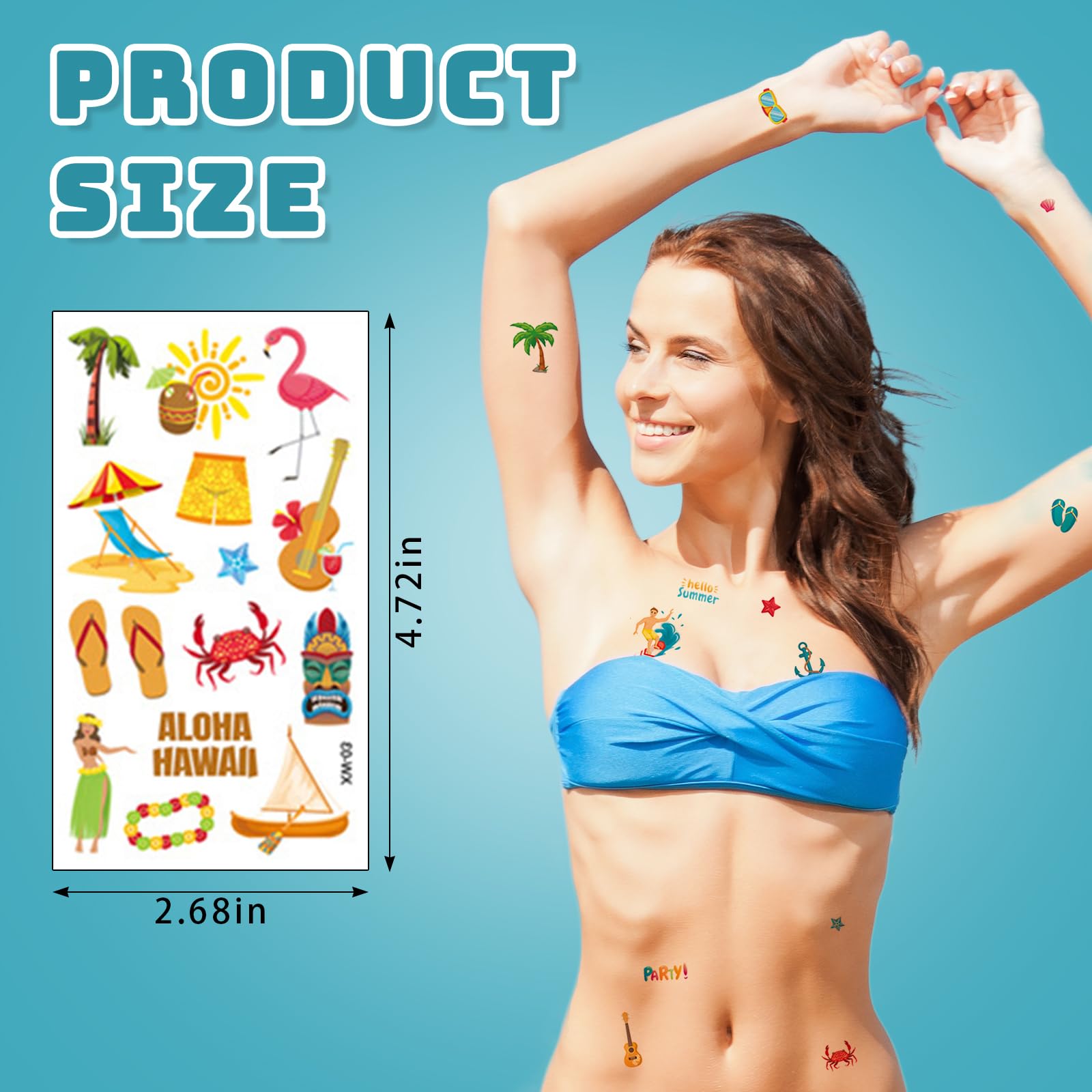 LANGFON 10 Sheet Summer Hawaiian Temporary Tattoos Tropical Beach Theme Temporary Tattoo Sticker Waterproof Palm Tree Surfboard Fake Tattoo for Women Girls Birthday Summer Hawaii Party Favor Supplies