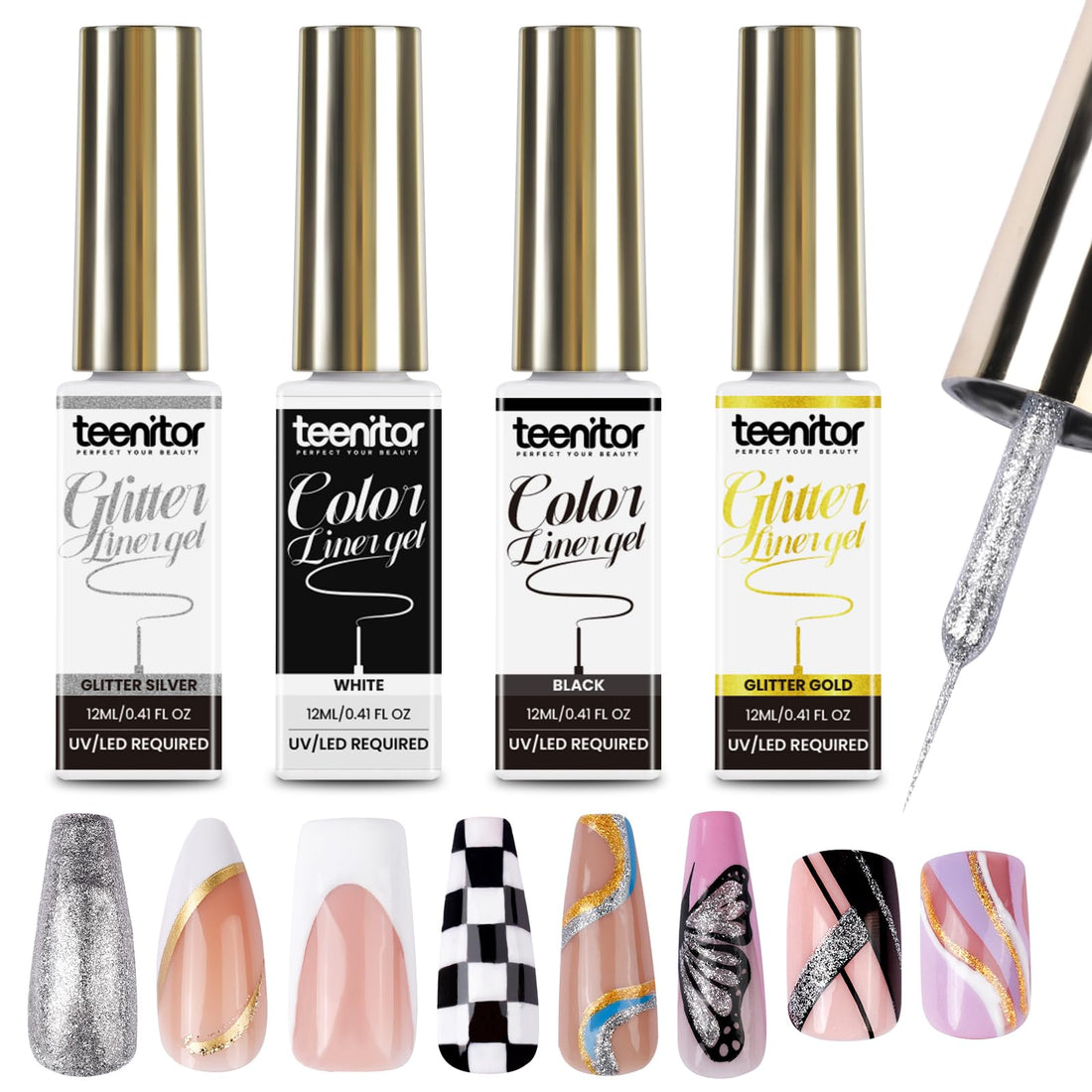 Teenitor Gel Nail Polish for Nail Art Swirl 12ml, 4 Colors of Liner Gel Polish Set, Black White Nail Polish for French Tip, Glitter Gold Silver Nail Art Polish with Thin Brush