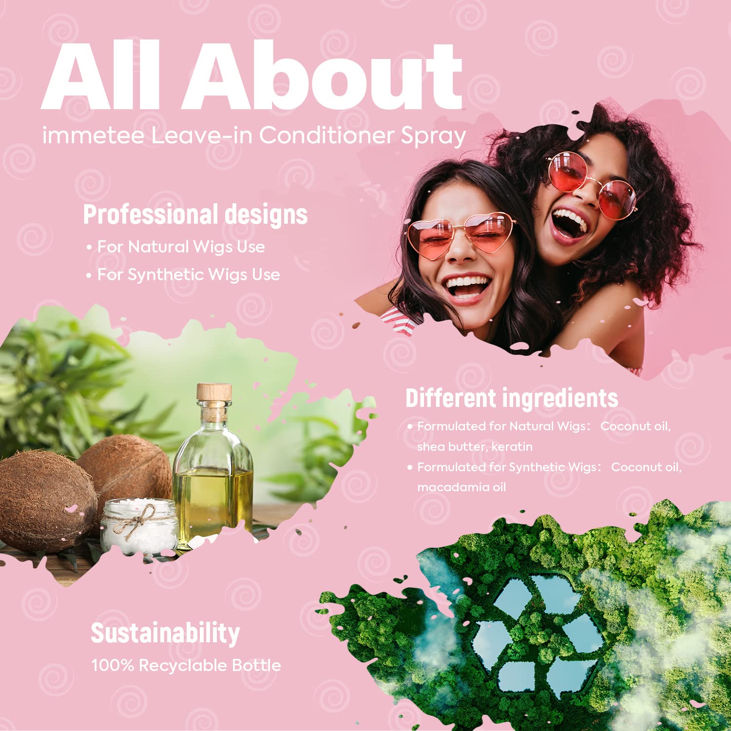 immetee Wig Spray, Wig Leave-In Hair Conditioner Spray, Wig Moisturing & Hydrating Detangler Hair Spray for Wig Care Accessories. 250Ml/8.4Fl. Oz(Formulated for Synthetic Wigs)