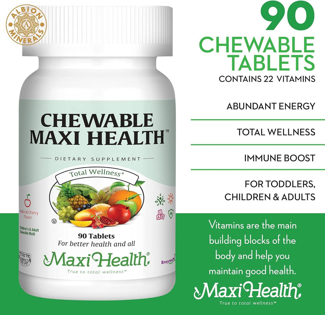 Maxi Health Chewable Multivitamin for Kids, Teens and Adults - Cherry Chewable Vitamins for Adults & Children - Kosher Kids Multivitamin + Iron (90 Tablets)