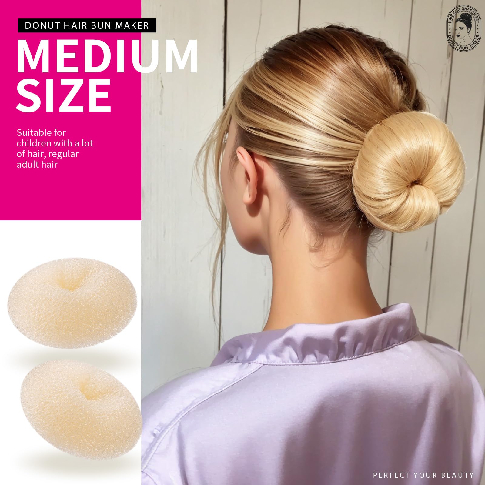 Donut Bun Maker, Teenitor Hair Bun Donut Maker Ring Style Bun Maker Set - 7 Buns Shaper & 5 Bands & 20 Bobby Pins For Chignon Hair Styles Ballet Dance Beige (2 Small 2 Medium 2 Large 1 Extra-large)