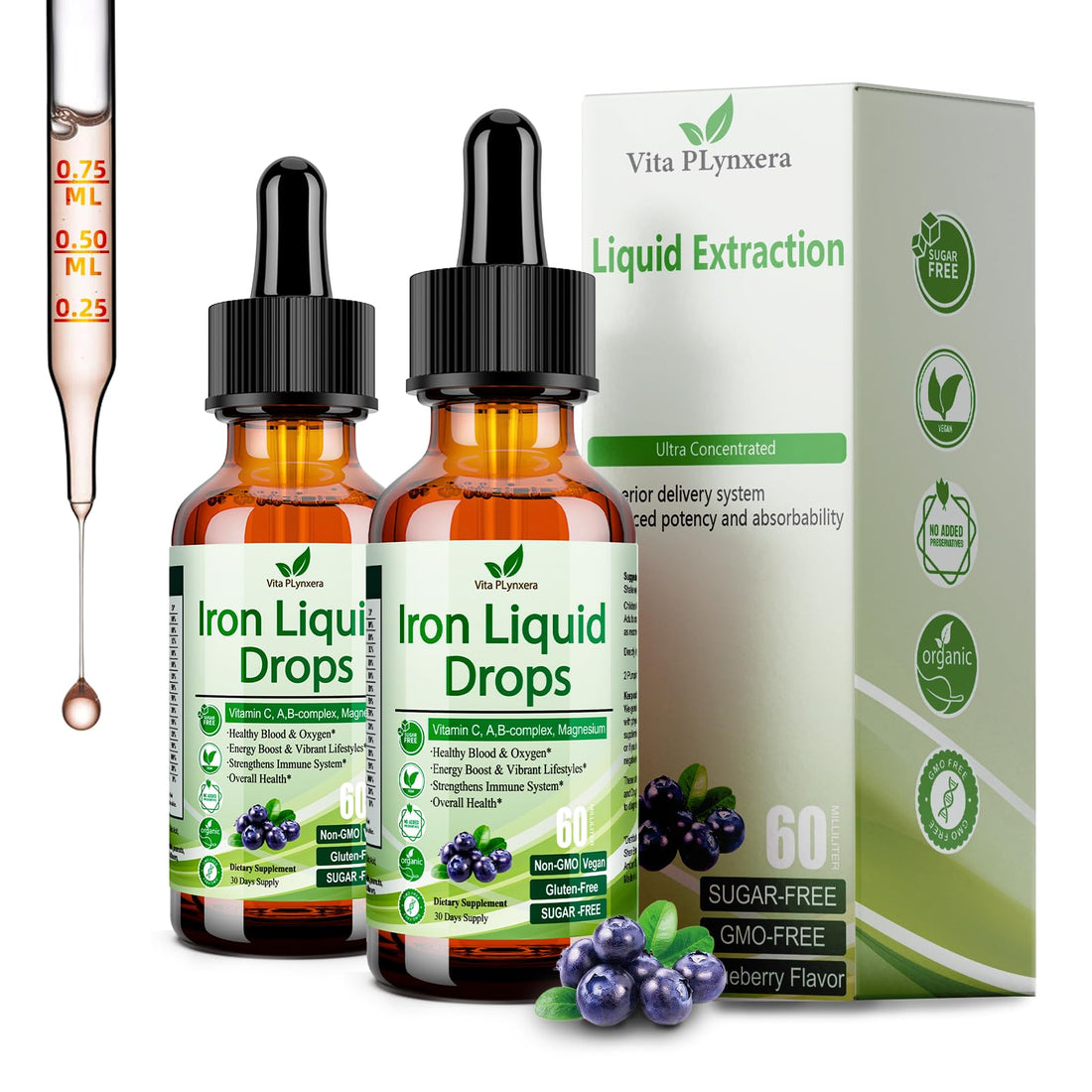 2 Pack Liquid Iron Supplement for Women Men & Kids, Vegan Iron Drops with Vitamin C D, B12, B-Complex, High Potency Liquid Iron with Multivitamin for Anemia, Energy Support, Magnesium Iron Gentle