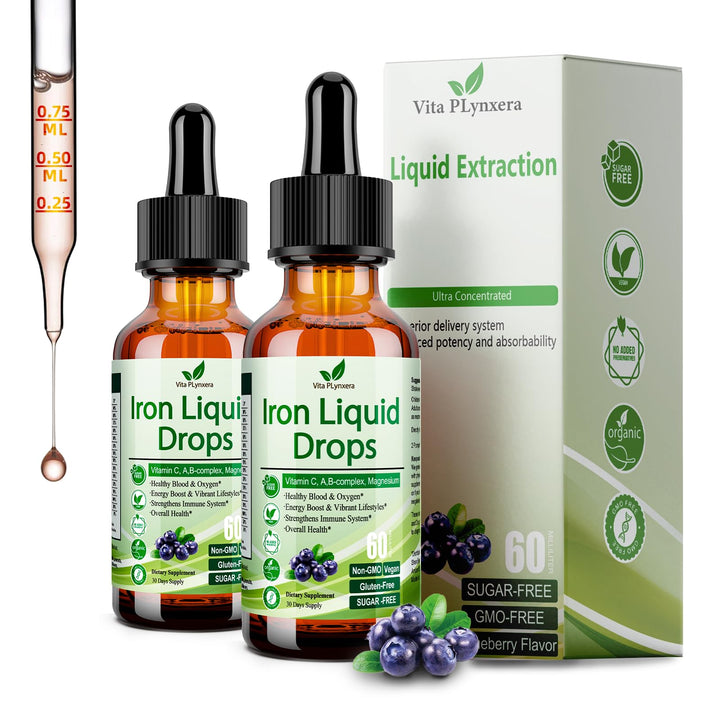 2 Pack Liquid Iron Supplement for Women Men & Kids, Vegan Iron Drops with Vitamin C D, B12, B-Complex, High Potency Liquid Iron with Multivitamin for Anemia, Energy Support, Magnesium Iron Gentle