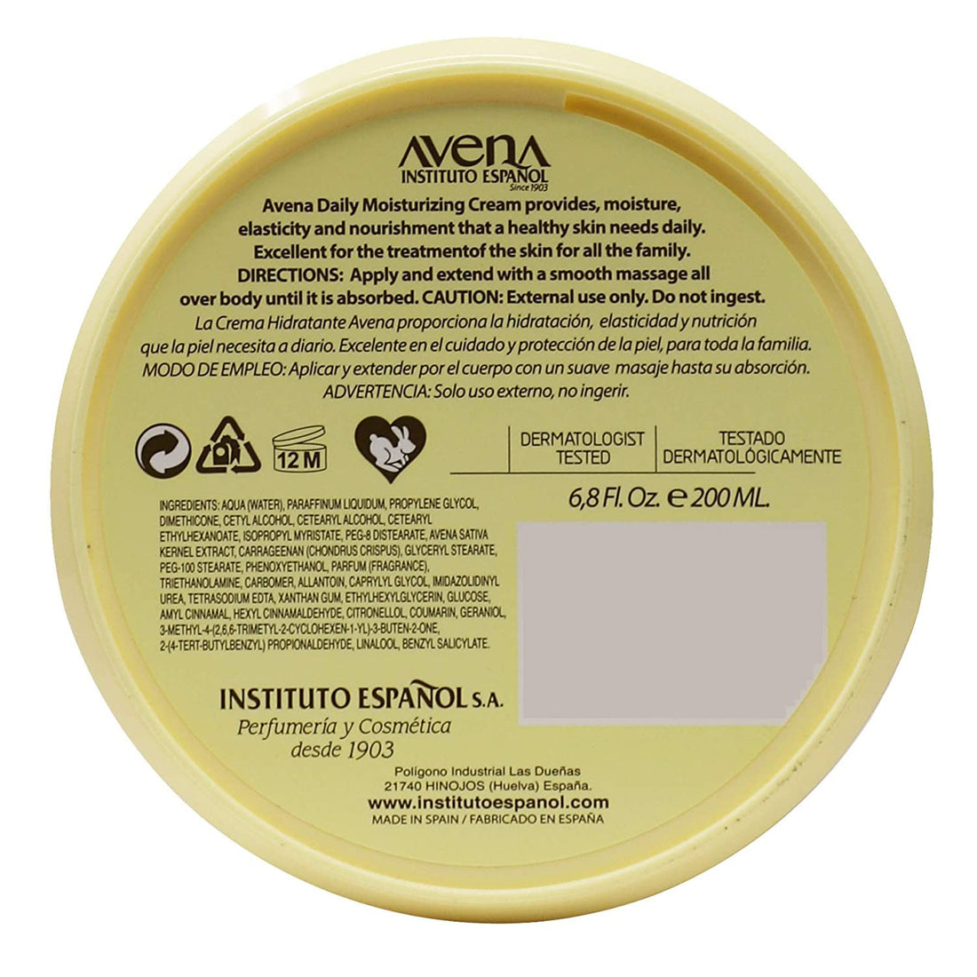 Avena Instituto Espanol, Moisturizing Cream, Helps Moisture Soften and Nourish your skin, 2-Pack Of 6.8 FL Oz, 2 Jars