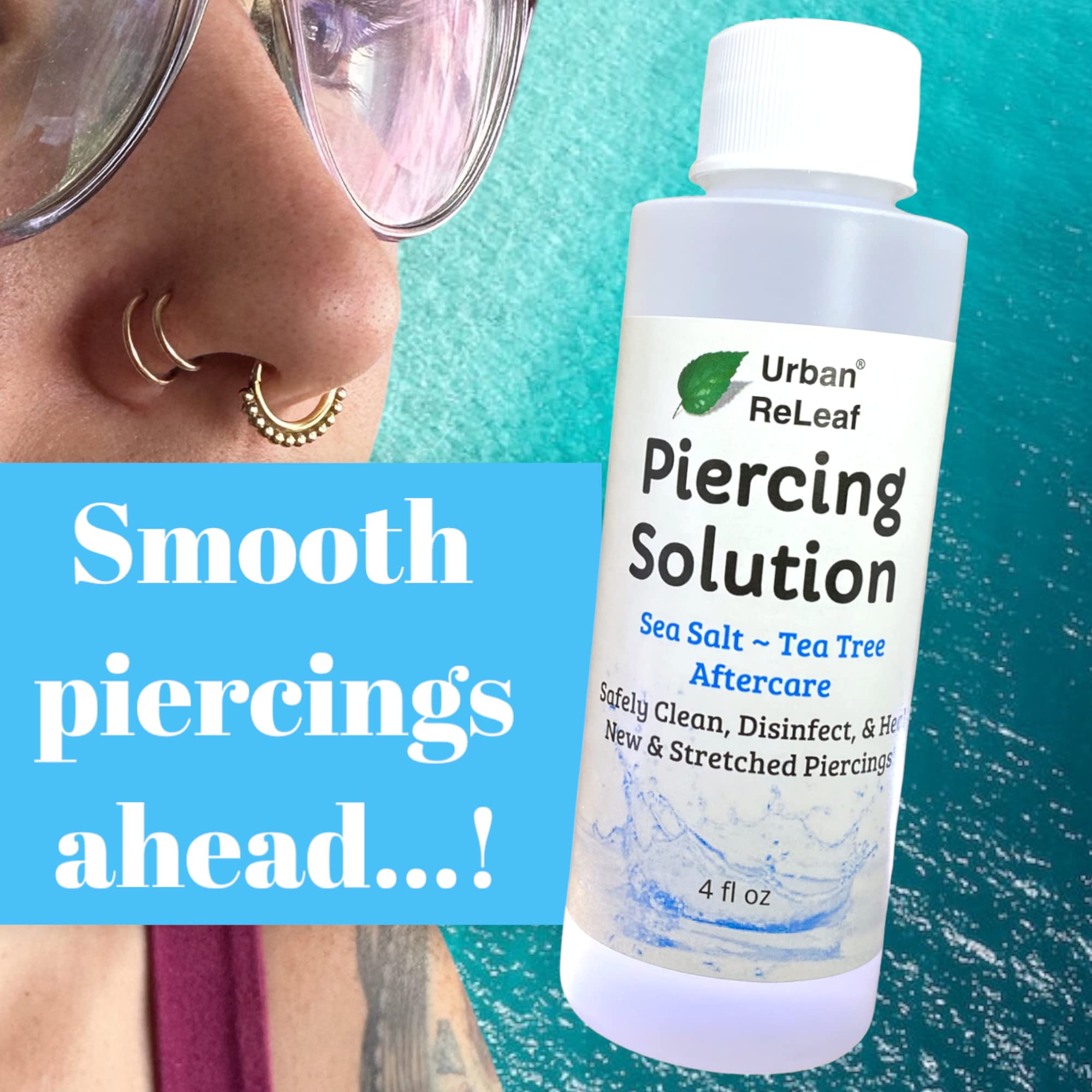 Piercing Solution ! Healing Sea Salts & Tea Tree Aftercare 4 Oz, Ready To Use. Safely Clean, Disinfect & Heal New & Stretched Piercings. Gentle Effective Natural & Soothing. Works Fast