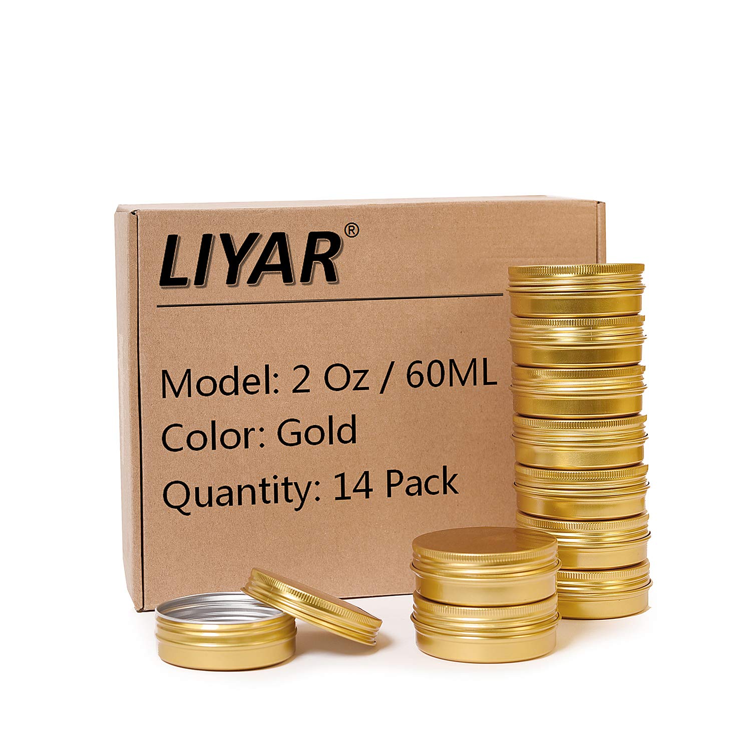 Liyar Tmo 2Oz 60Ml Metal Storage Tins Aluminum Tins Jars Round Tin Containers Empty Salve Jars Screw Top Tin Cans for Store Spices, Candies, Tea Or Gift Giving, Gold(Pack of 14)
